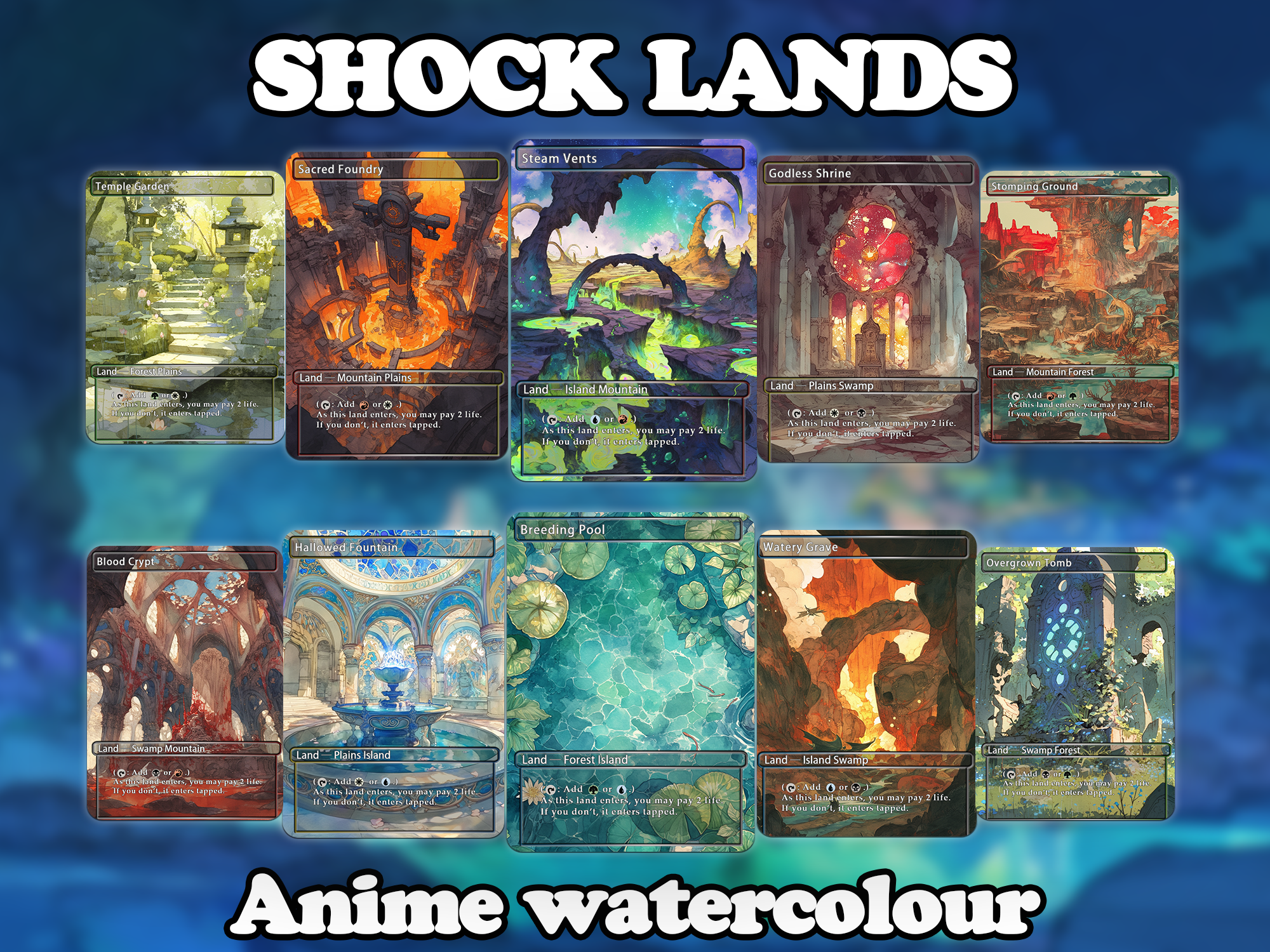 Shock land pack (10 cards) Anime watercolour lands set of 10 unique borderless custom proxy lands High quality lands for EDH or cEDH