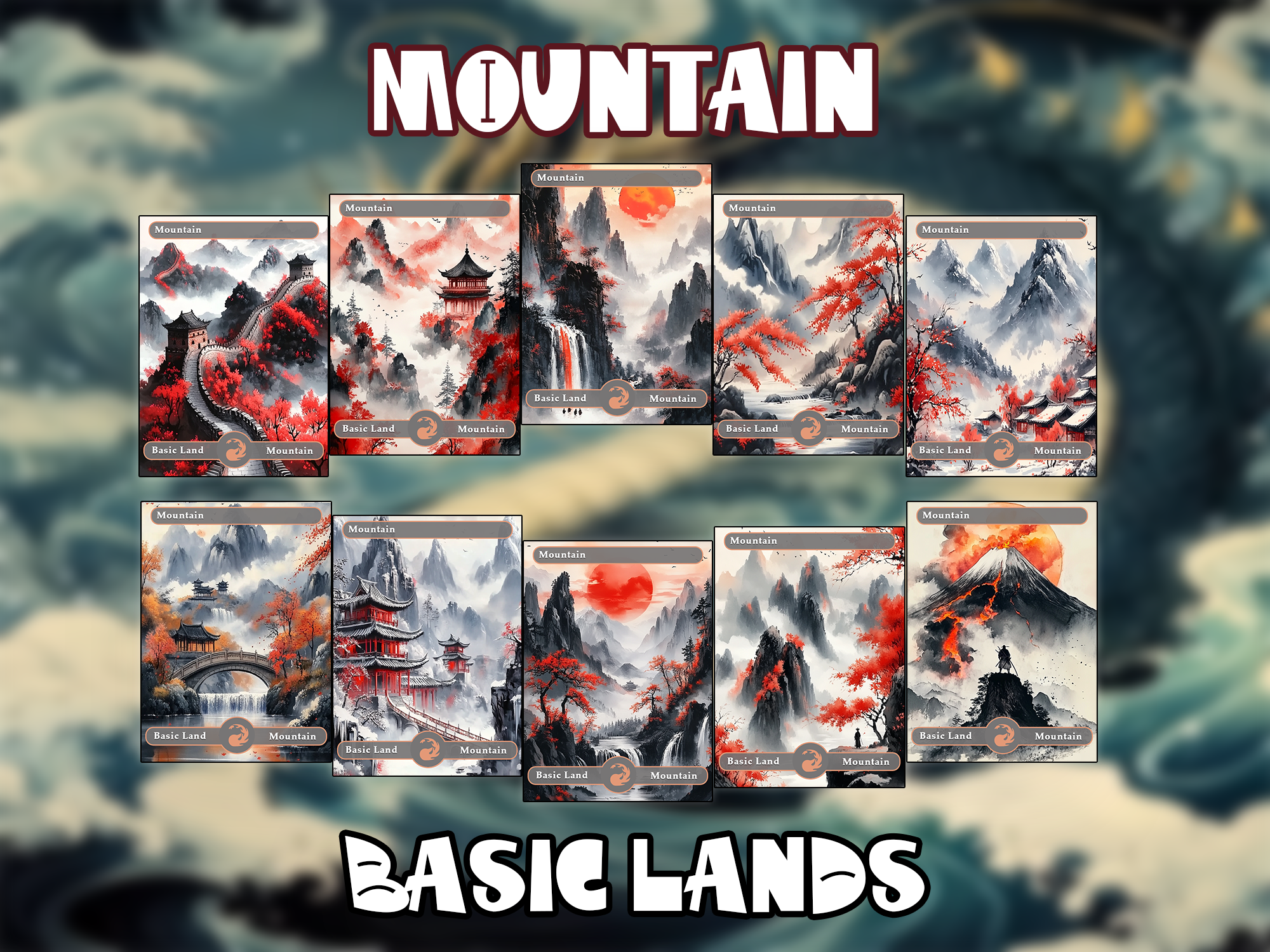 10 Basic Lands Proxy, Moutain Proxy, Custom Magic Cards for Commander EDH, Ancient Chinese Ink Style