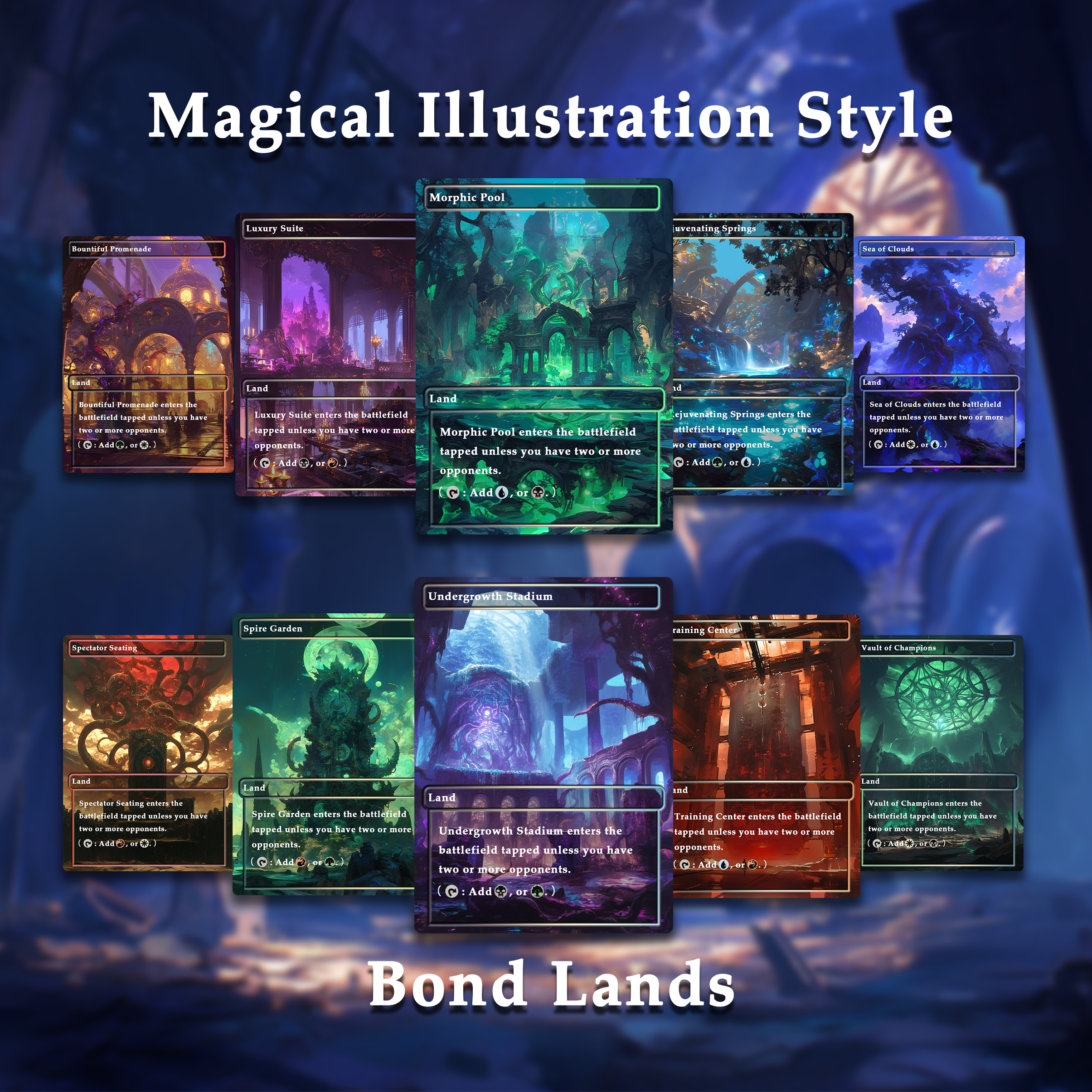 Mega EDH land pack Magical Illustration Style lands set of 50 unique borderless custom proxy lands High quality lands for EDH or cEDH