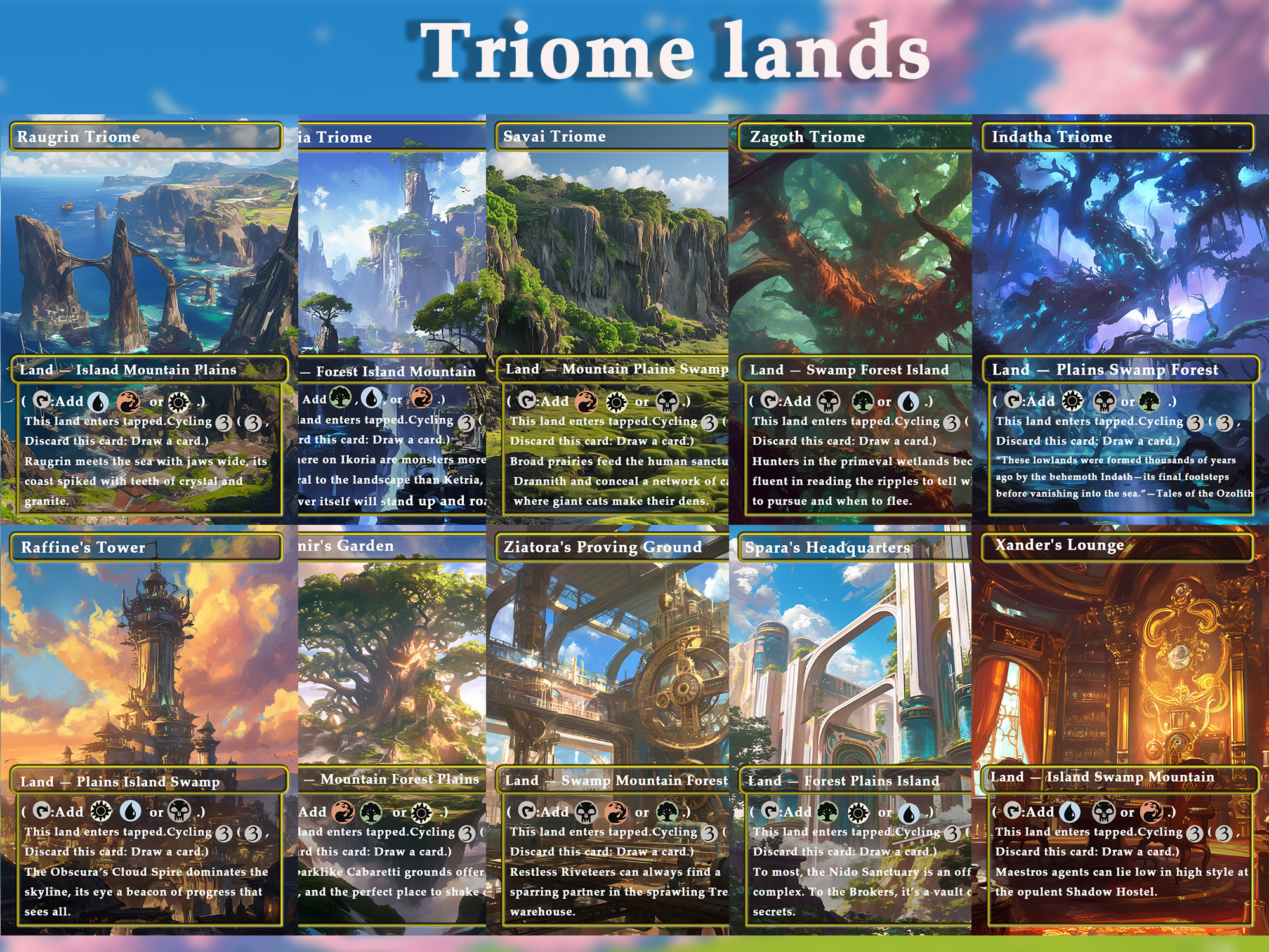 Triome land pack (10+ cards) Anime watercolour lands set of 10+ unique borderless custom MTG proxy lands High quality lands for EDH or cEDH