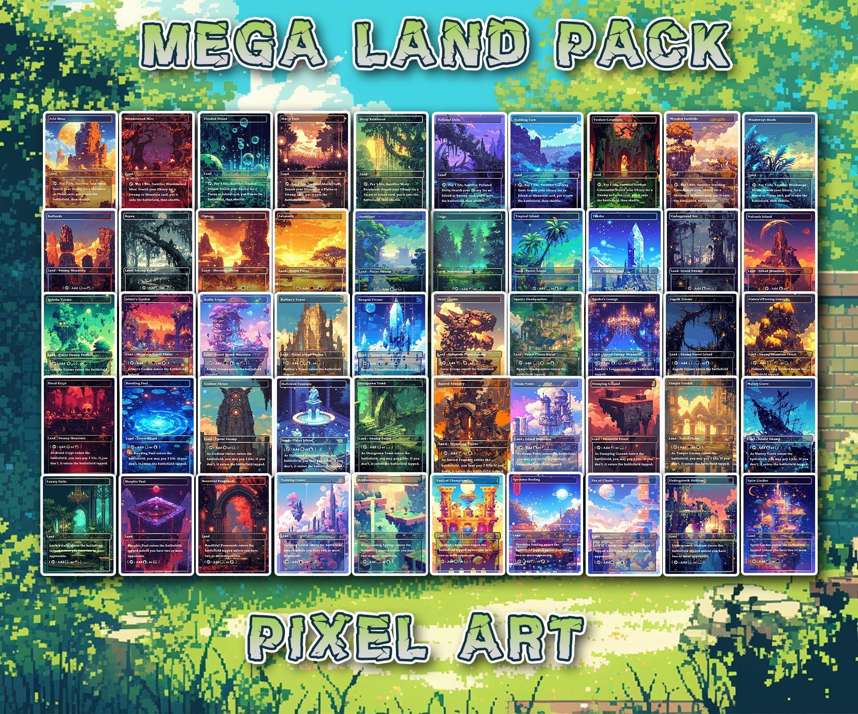 Pixel Art Style Mega Land pack, 50 unique borderless custom proxy lands High quality lands