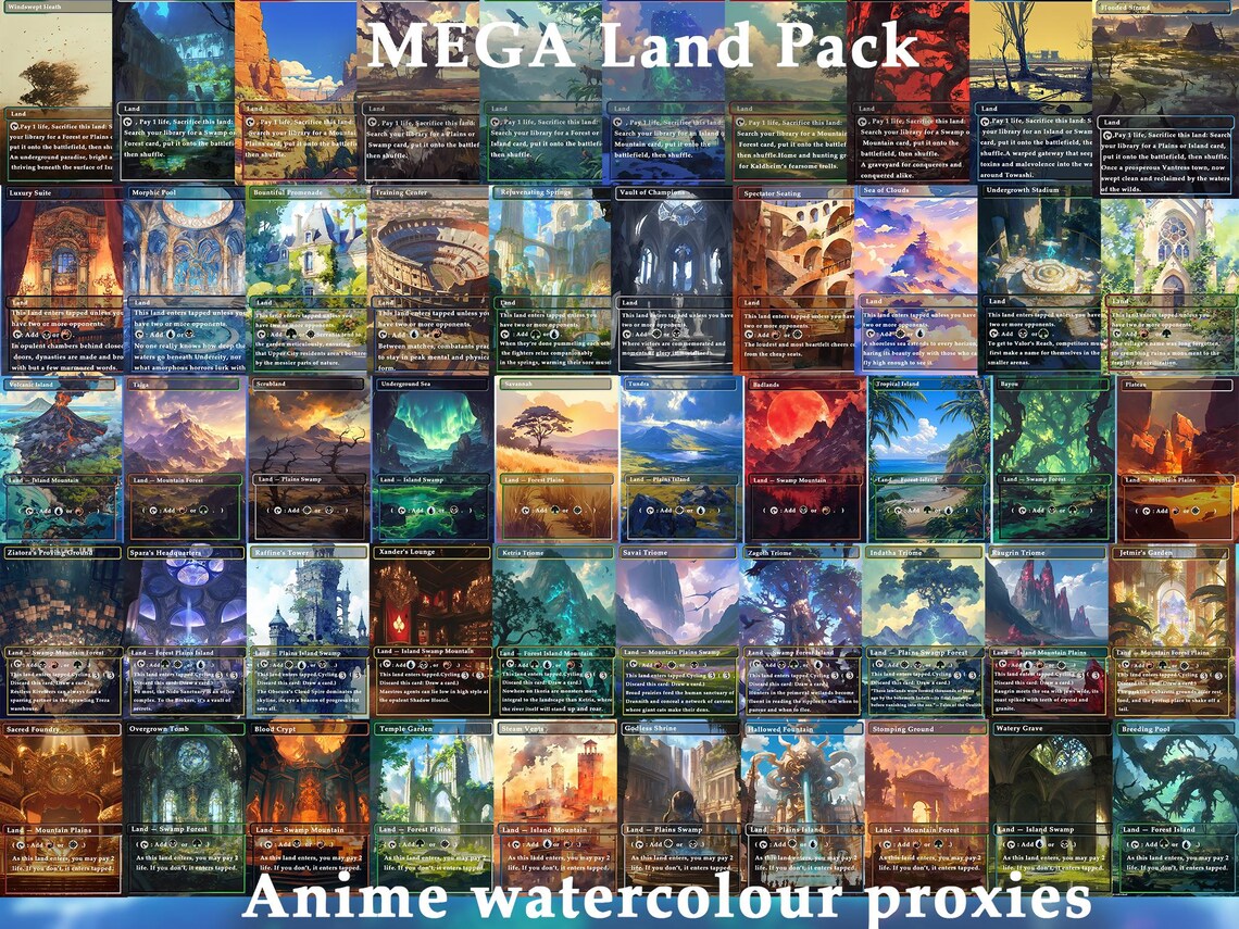 Mega EDH land pack (50+ cards) Anime watercolour lands set of 50 unique borderless custom MTG proxy lands High quality lands for EDH or cEDH