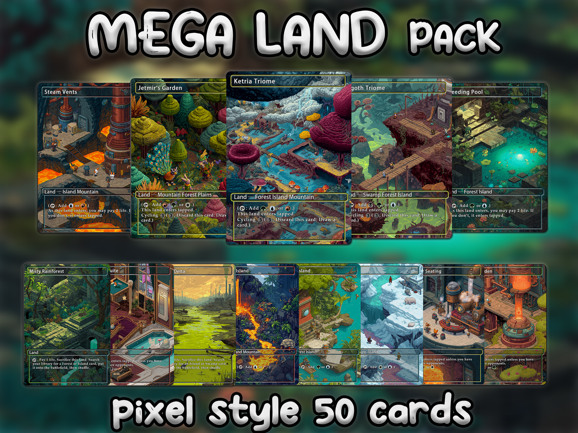 Mega EDH land pack pixel style lands set of 50 unique borderless custom proxy lands High quality lands for EDH or cEDH