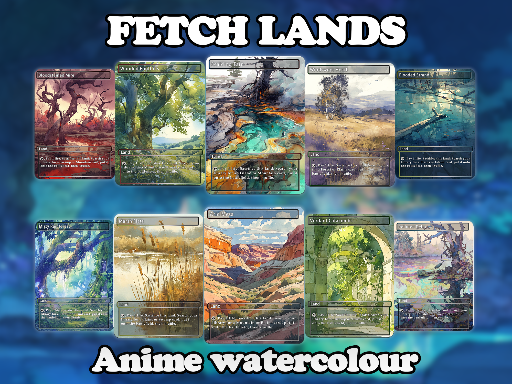 Fetch land pack (10 cards) Anime watercolour lands set of 10 unique borderless custom proxy lands High quality lands for EDH or cEDH
