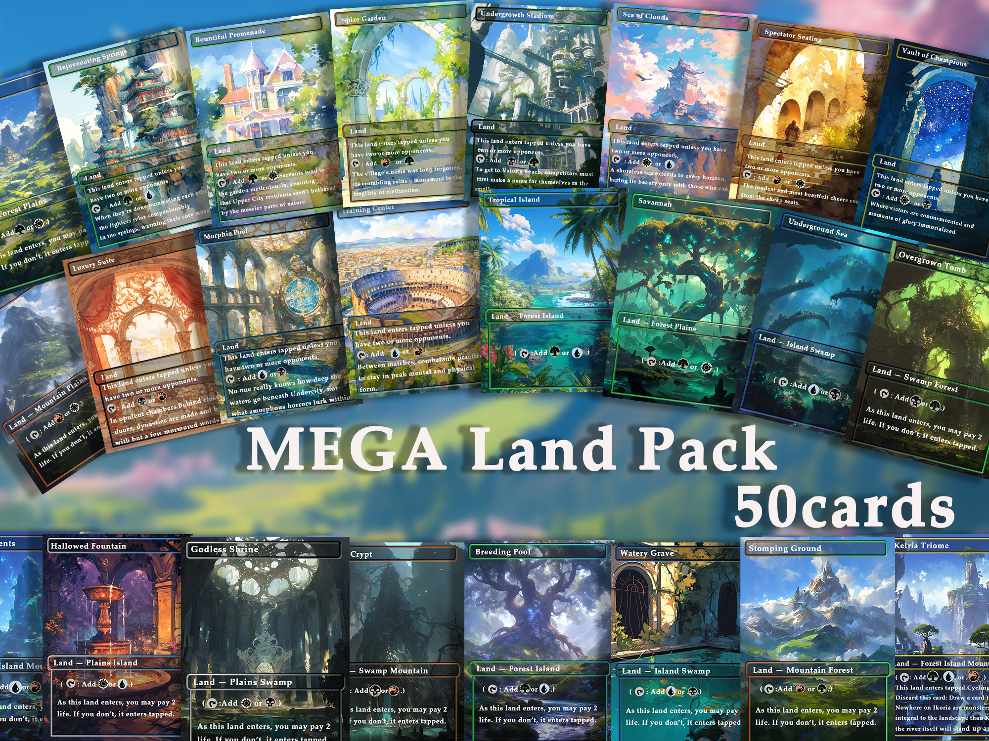 Mega EDH land pack (50+ cards) Anime watercolour lands set of 50 unique borderless custom MTG proxy lands High quality lands for EDH or cEDH