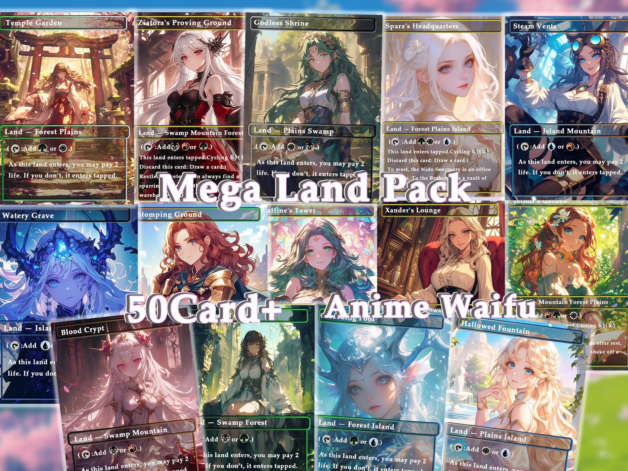 EDH land pack (50+ cards) Anime Style, Proxy Lands Custom Magic Cards for Commander EDH/cEDH, Anime Waifu Proxy Cards