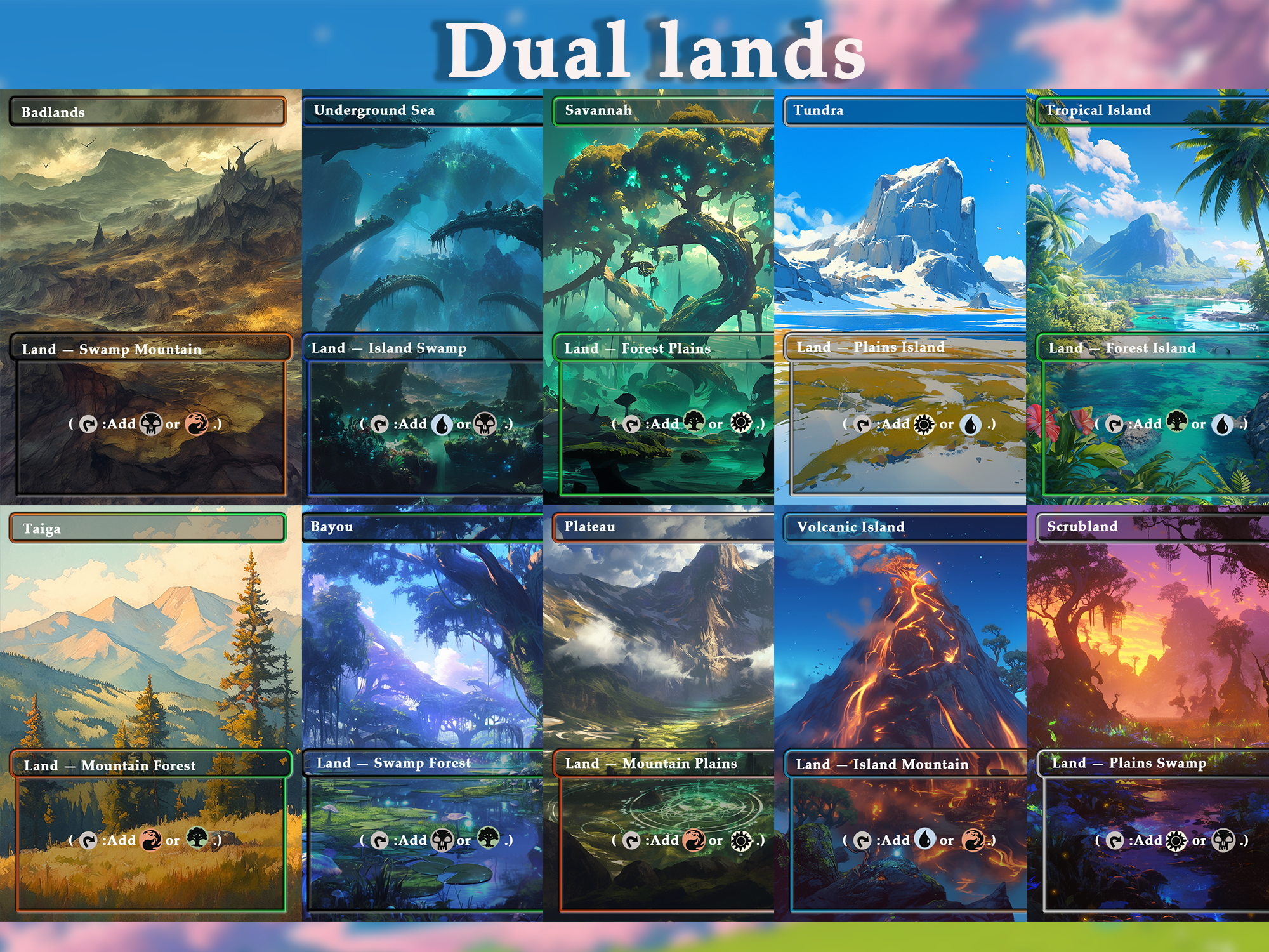 Mega EDH land pack (50+ cards) Anime watercolour lands set of 50 unique borderless custom MTG proxy lands High quality lands for EDH or cEDH