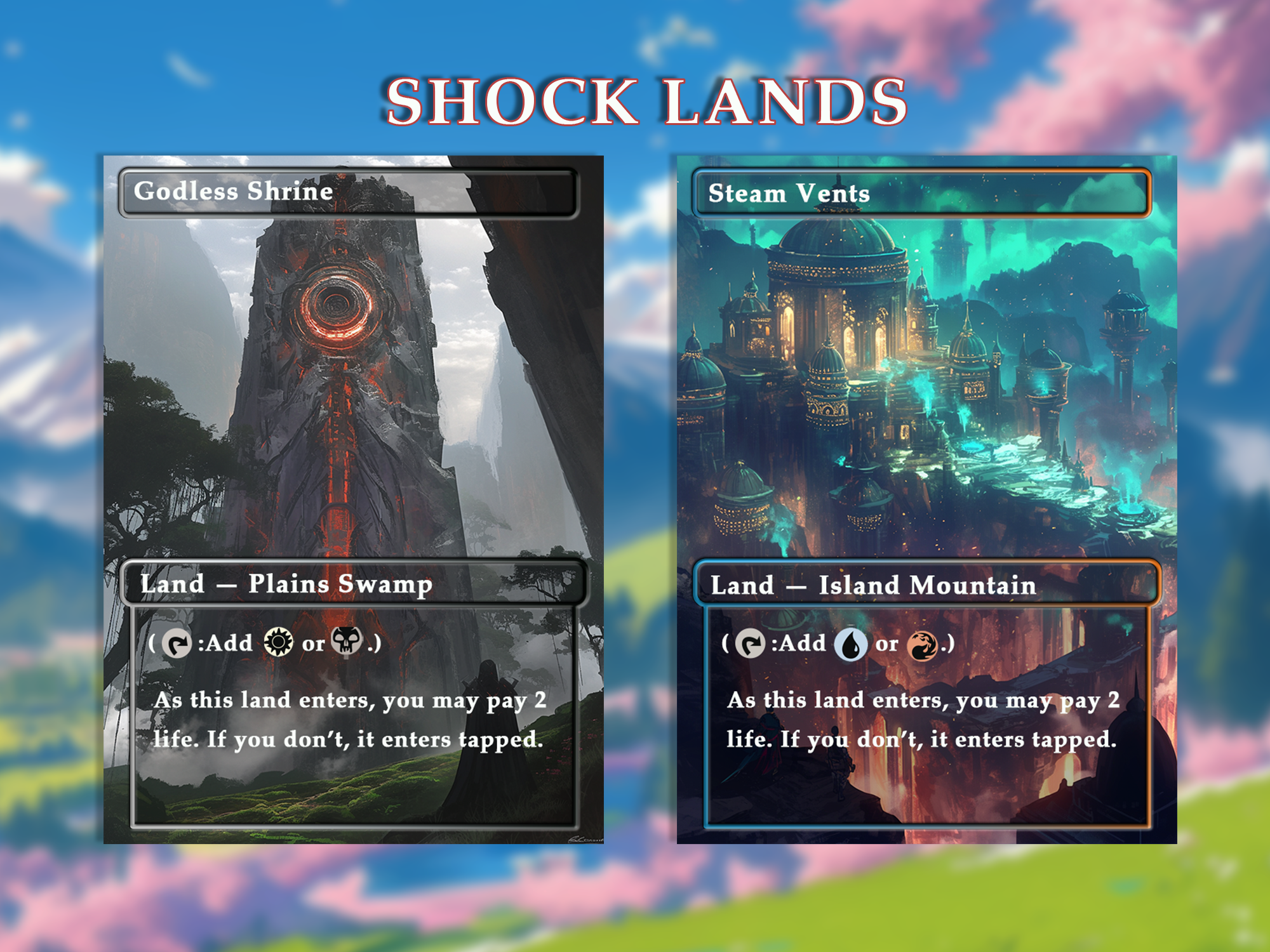 Shock land pack (10+ cards) Anime watercolour lands set of 10+ unique borderless custom proxy lands High quality lands for EDH or cEDH