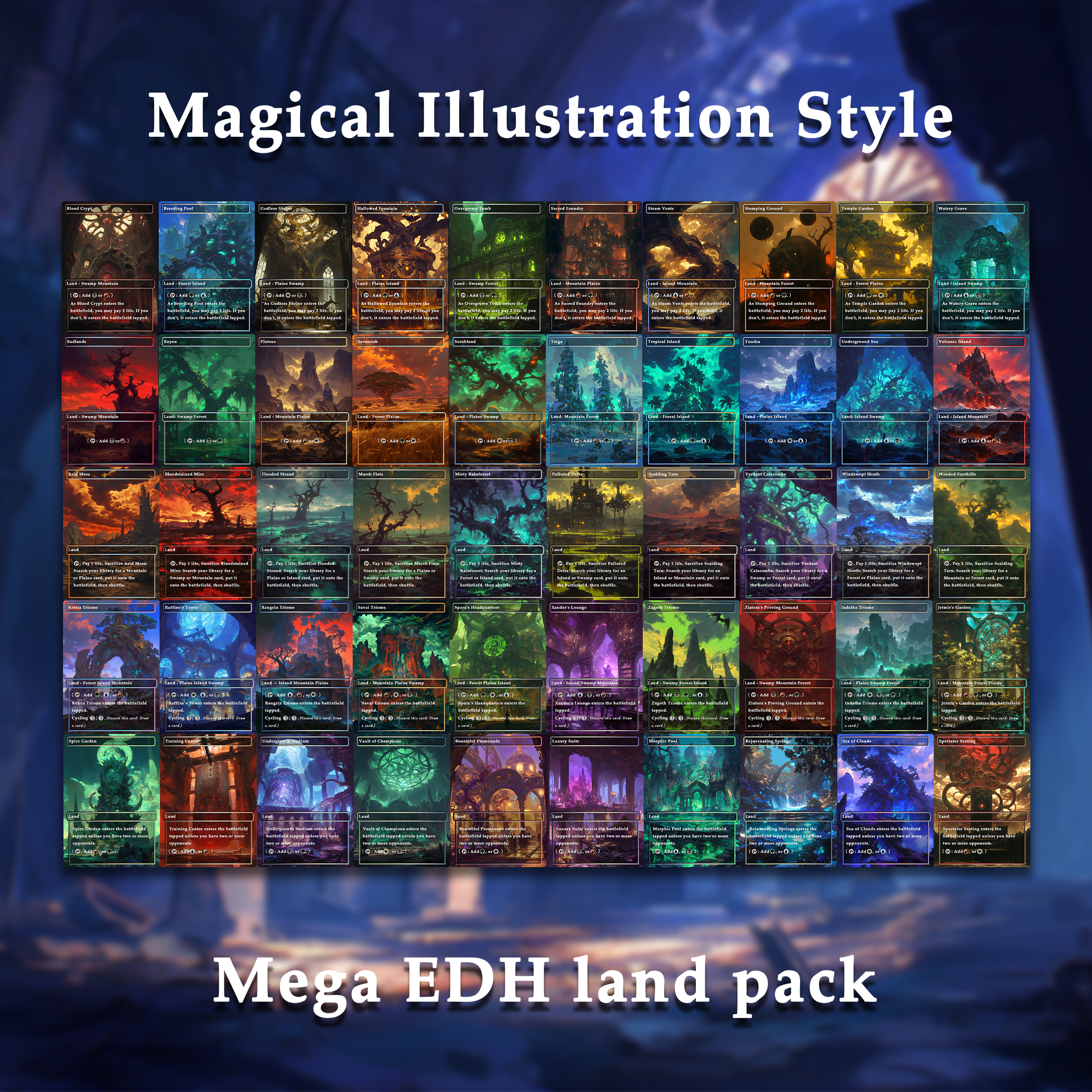 Mega EDH land pack Magical lllustration Style lands set of 50 unique borderless custom proxy lands High quality lands for EDH or EDH