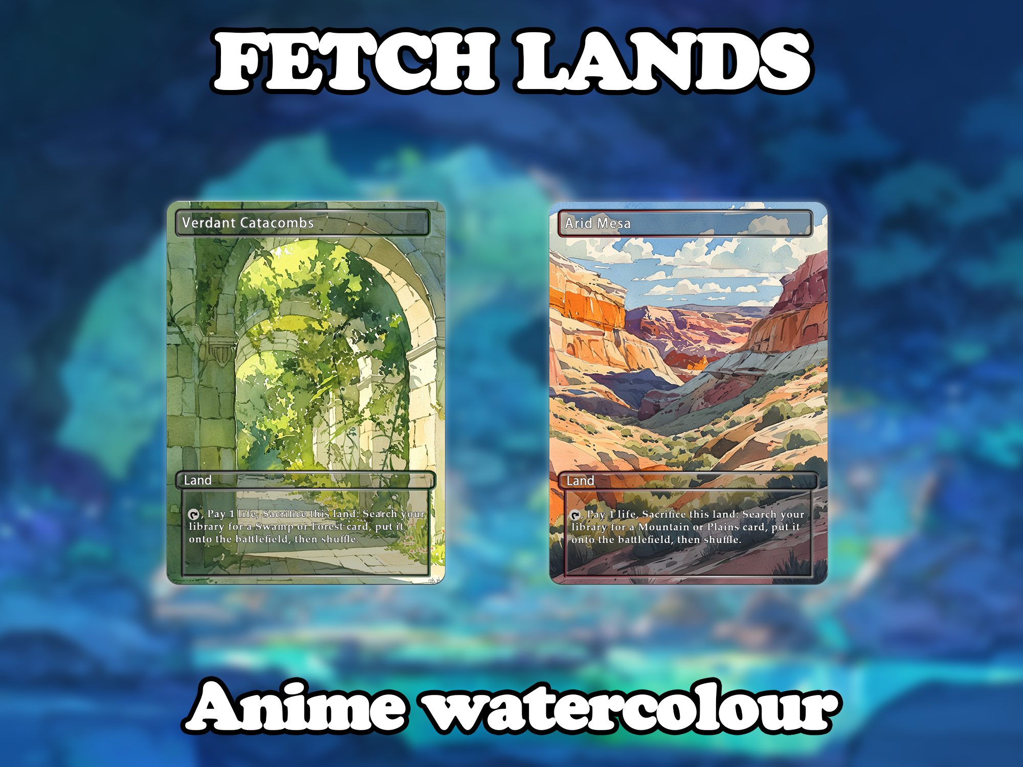 Fetch land pack (10 cards) Anime watercolour lands set of 10 unique borderless custom proxy lands High quality lands for EDH or cEDH