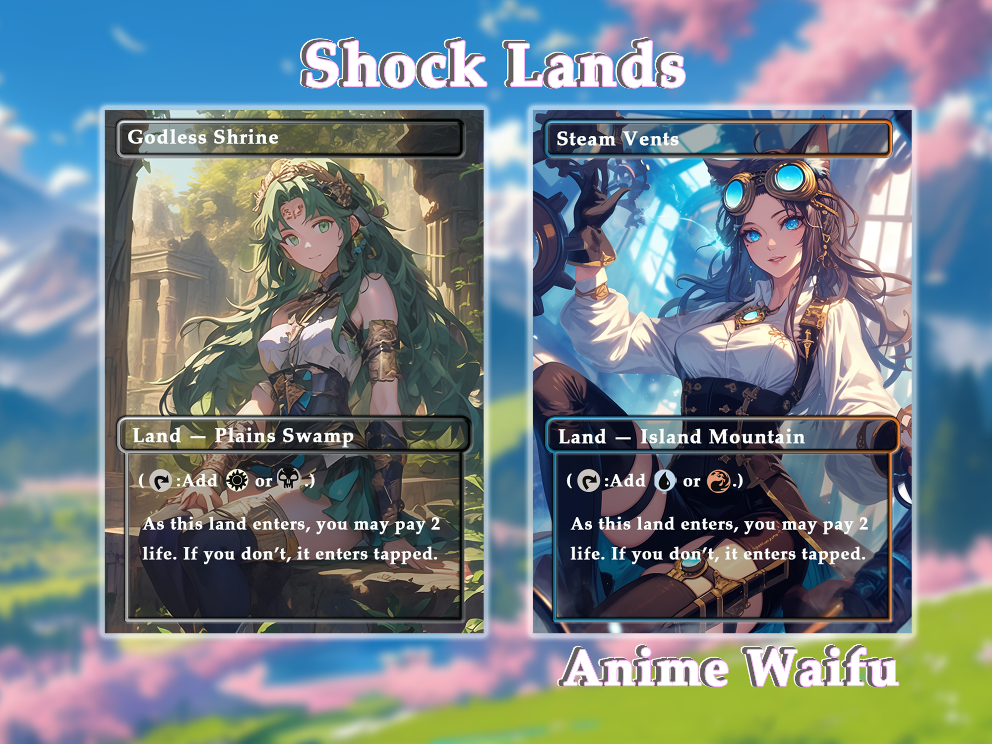 10 Shock Lands Anime Style, Proxy Lands Custom Magic Cards for Commander EDH/cEDH, Anime Waifu Proxy Cards