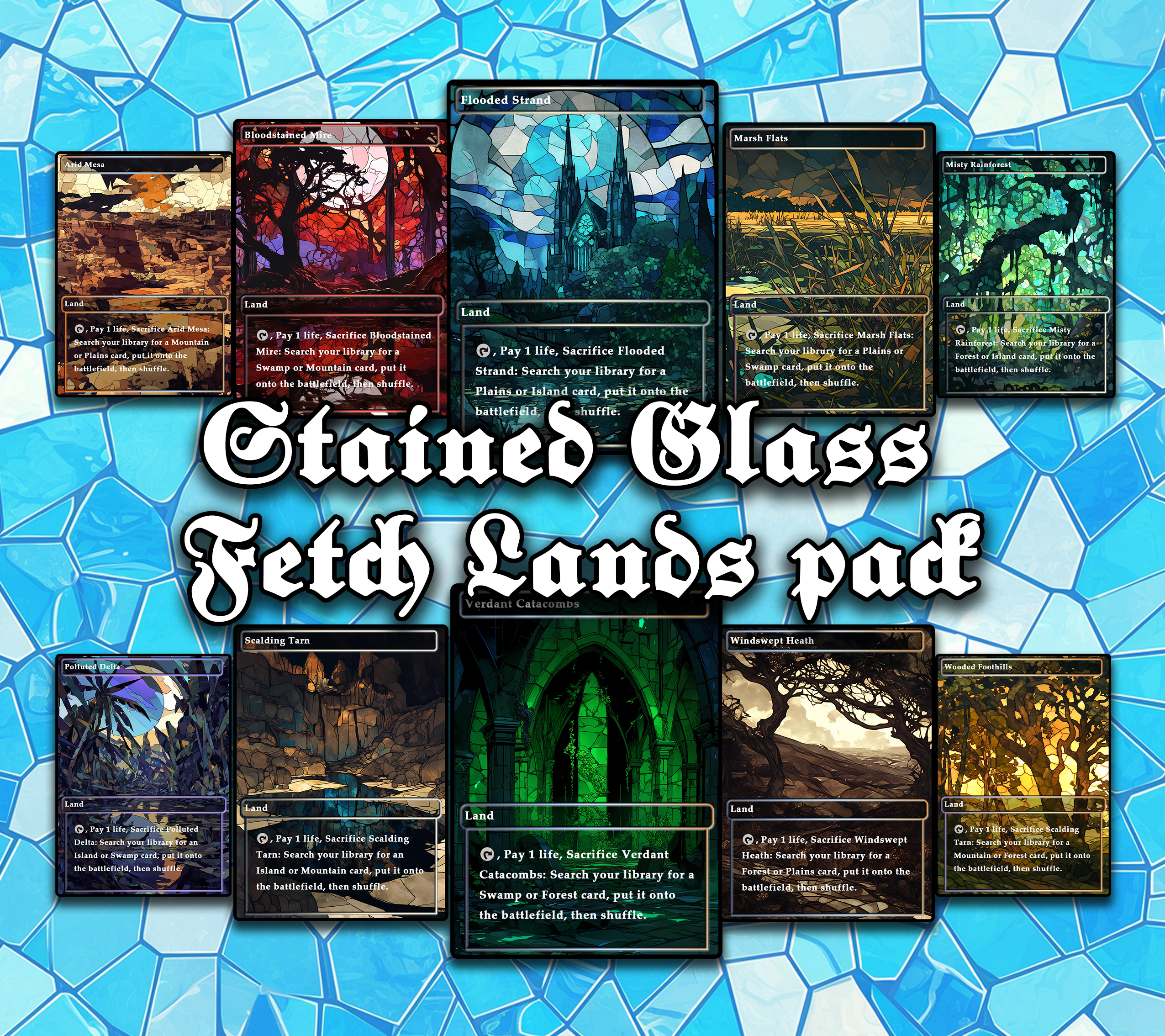 10 Stained Glass Fetch lands pad, Proxy Lands Custom Magic Cards