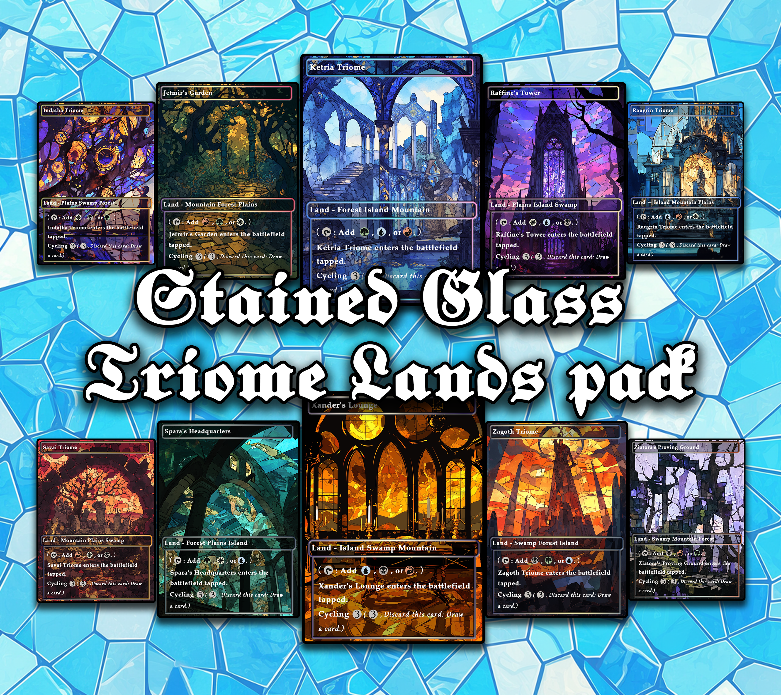 10 Stained Glass Triome lands pad, Proxy Lands Custom Magic Cards