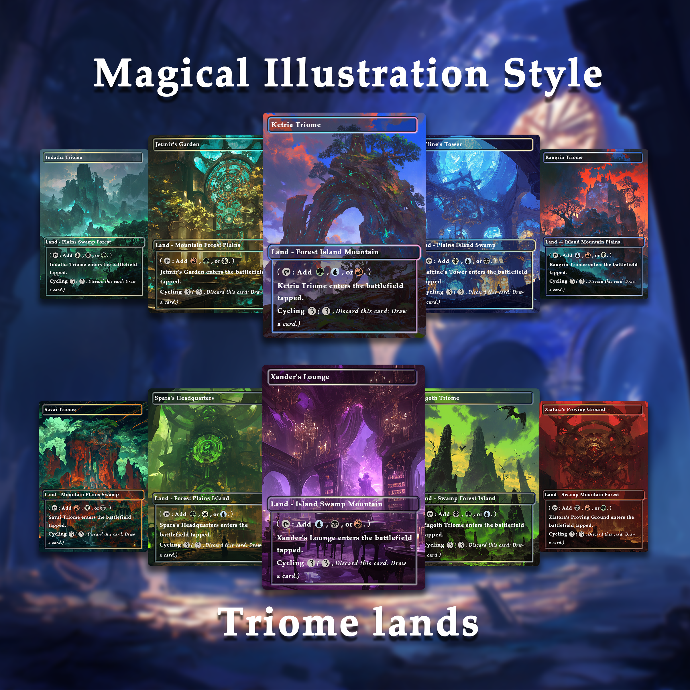 Mega EDH land pack Magical Illustration Style triome lands set of 50 unique borderless custom proxy lands High quality lands for EDH or cEDH