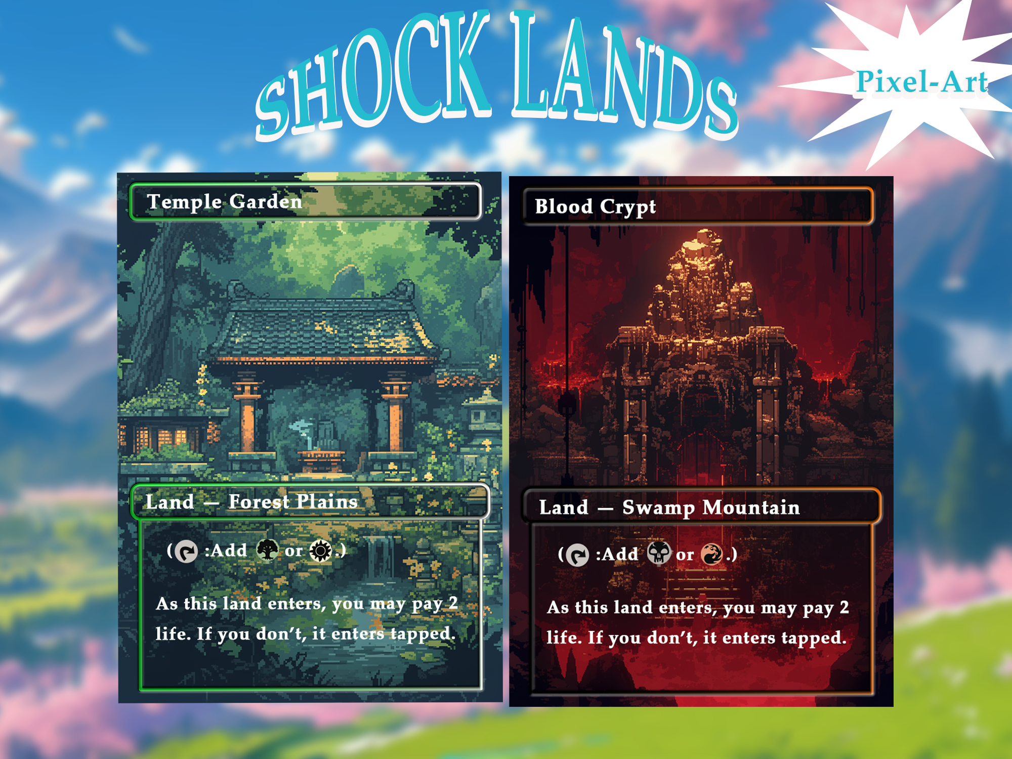 Shock land pack (10+ cards) Pixel-Art lands set of 10+ unique borderless custom proxy lands High quality lands for EDH or cEDH