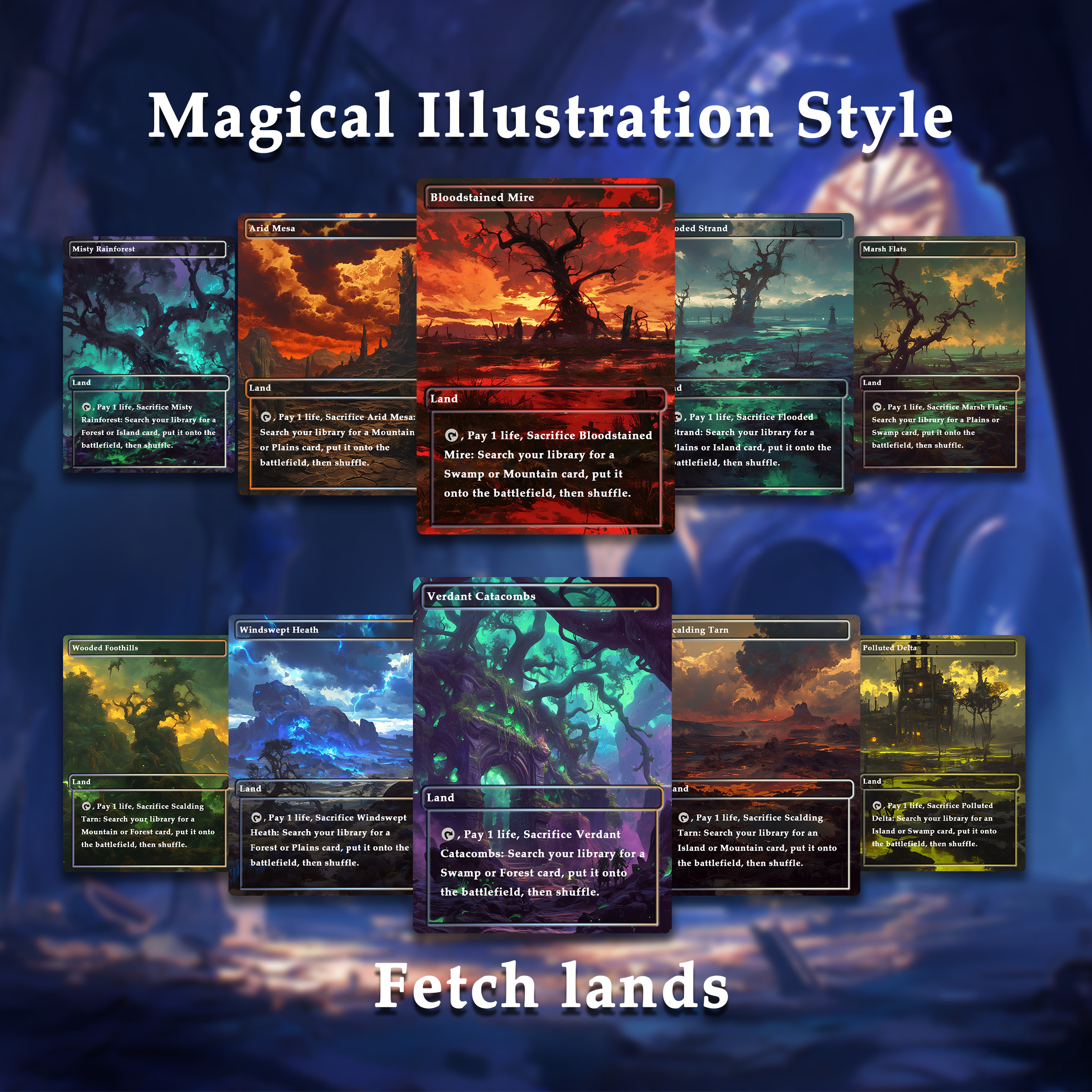 Mega EDH land pack Magical Illustration Style fetch lands set of 50 unique borderless custom proxy lands High quality lands for EDH or cEDH