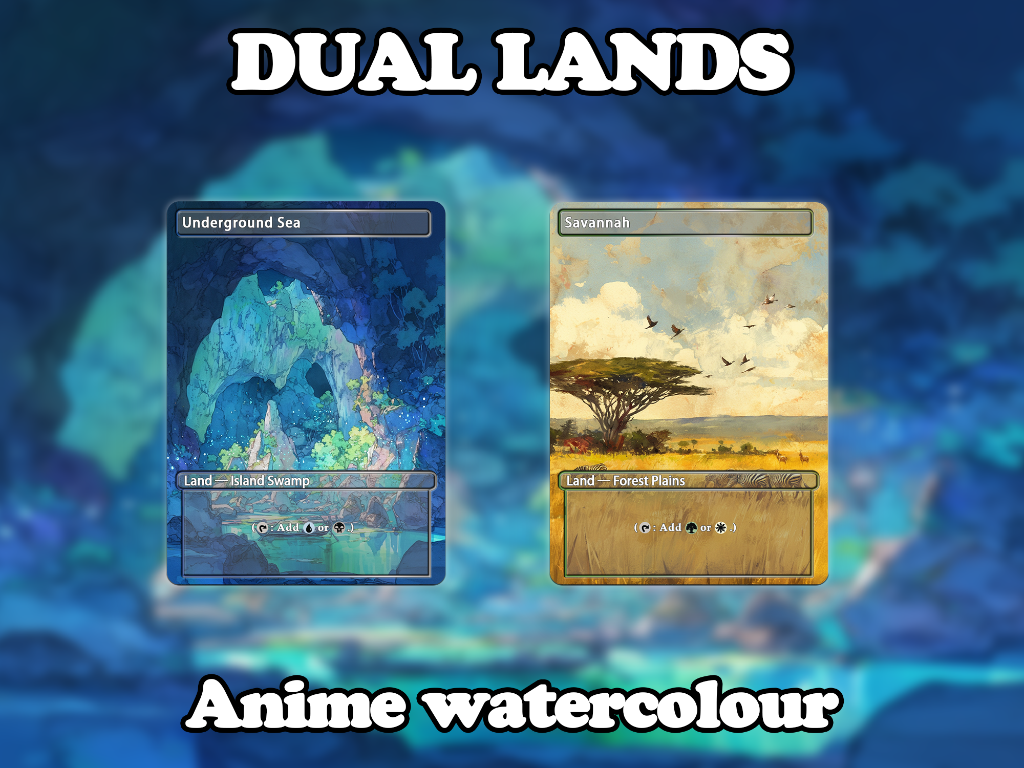 Dual land pack (10 cards) Anime watercolour lands set of 10 unique borderless custom proxy lands High quality lands for EDH or cEDH
