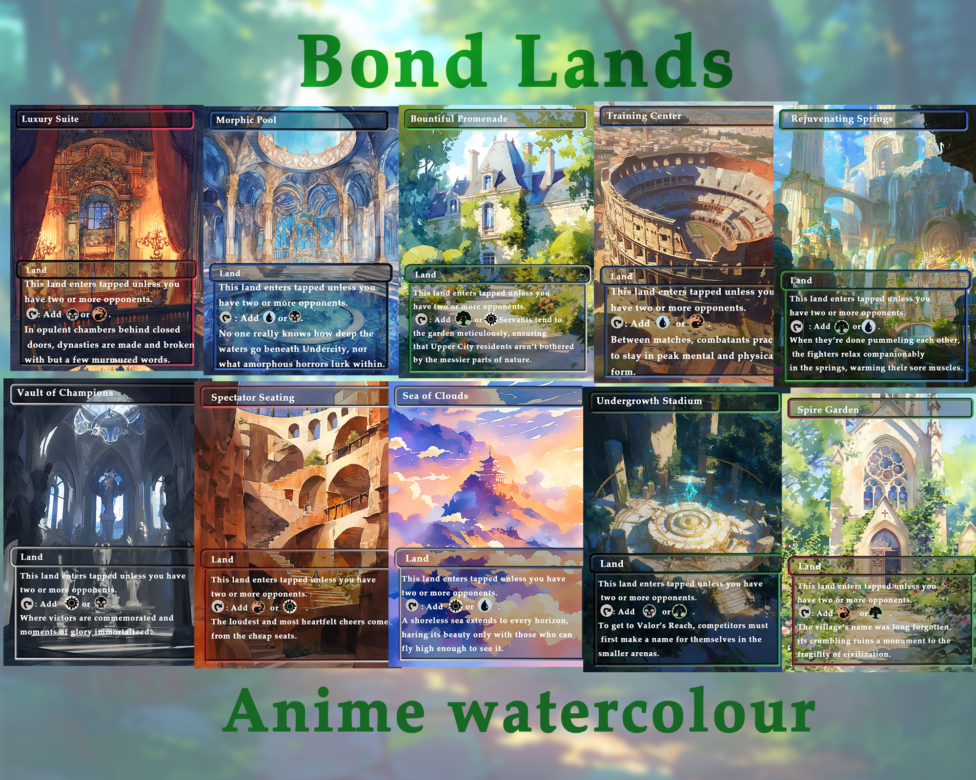 Mega EDH land pack (50+ cards) Anime watercolour lands set of 50 unique borderless custom MTG proxy lands High quality lands for EDH or cEDH