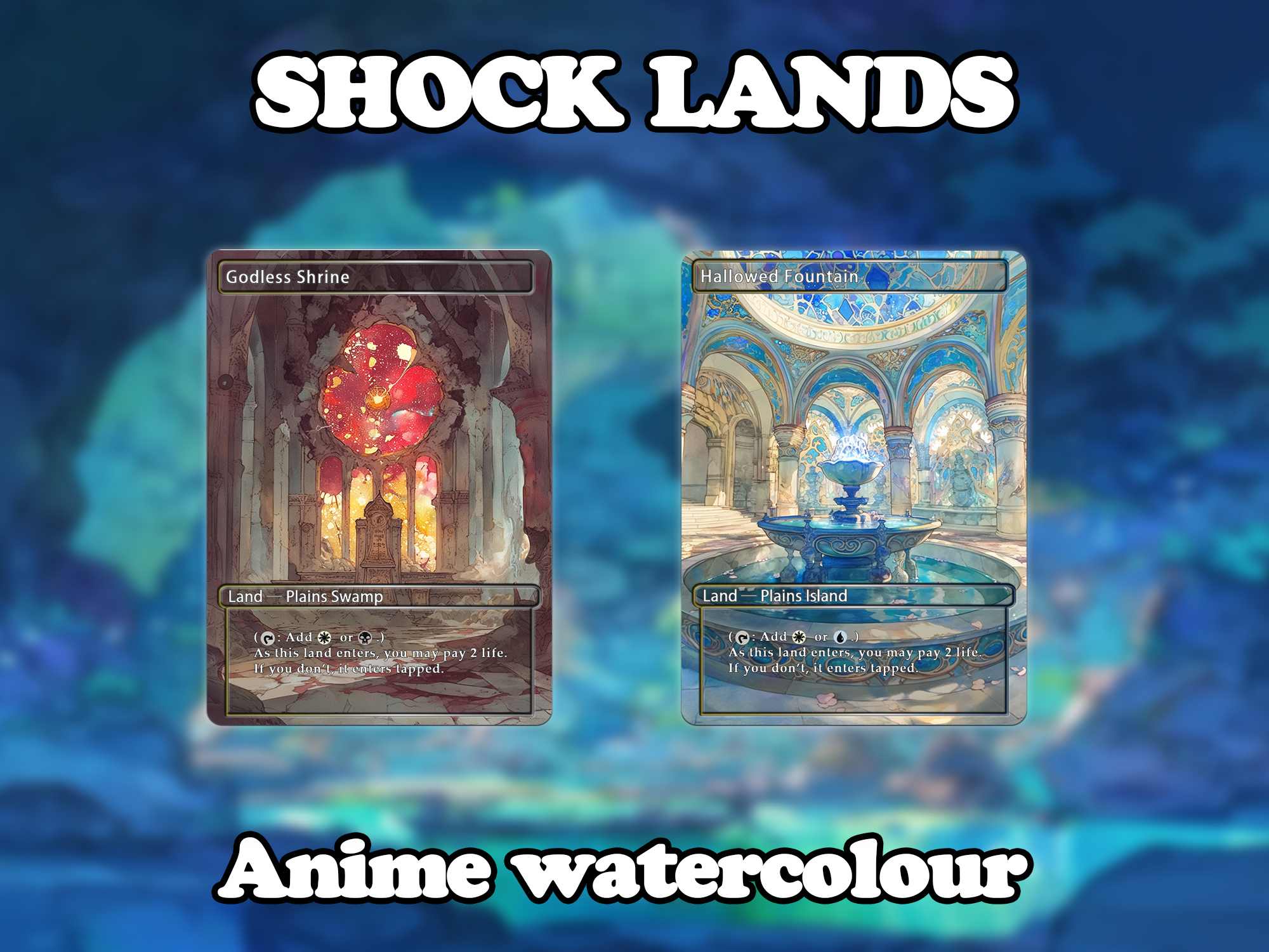 Shock land pack (10 cards) Anime watercolour lands set of 10 unique borderless custom proxy lands High quality lands for EDH or cEDH