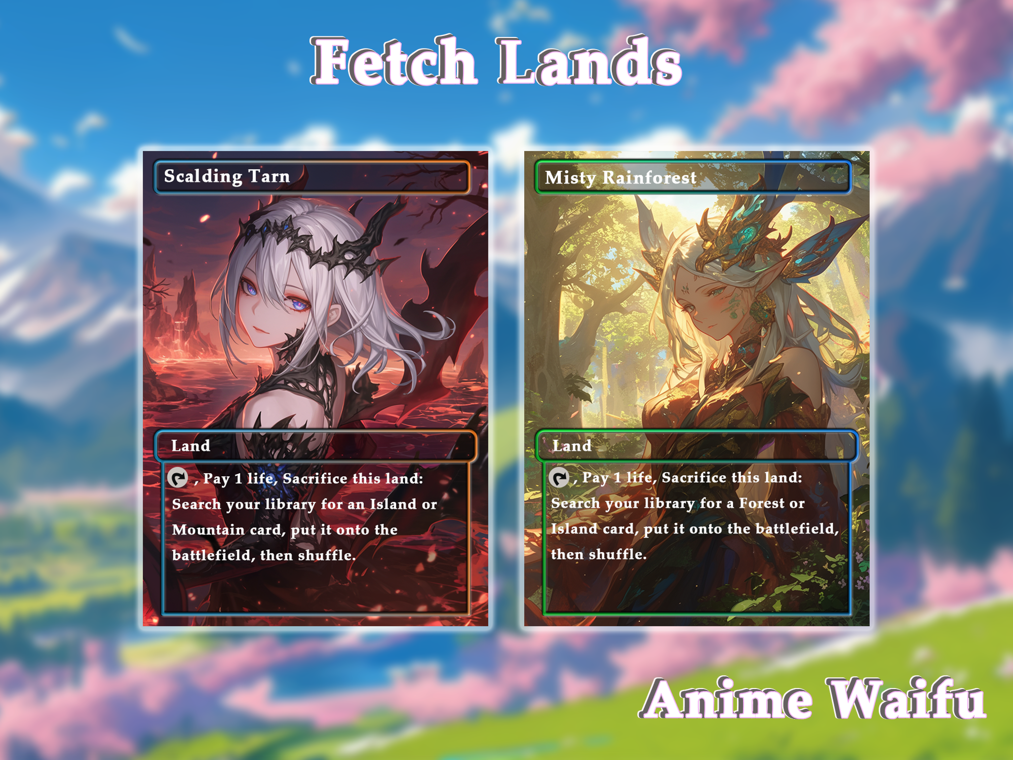 10 Fetch Lands Anime Style, Proxy Lands Custom Magic Cards for Commander EDH/cEDH, Anime Waifu Proxy Cards