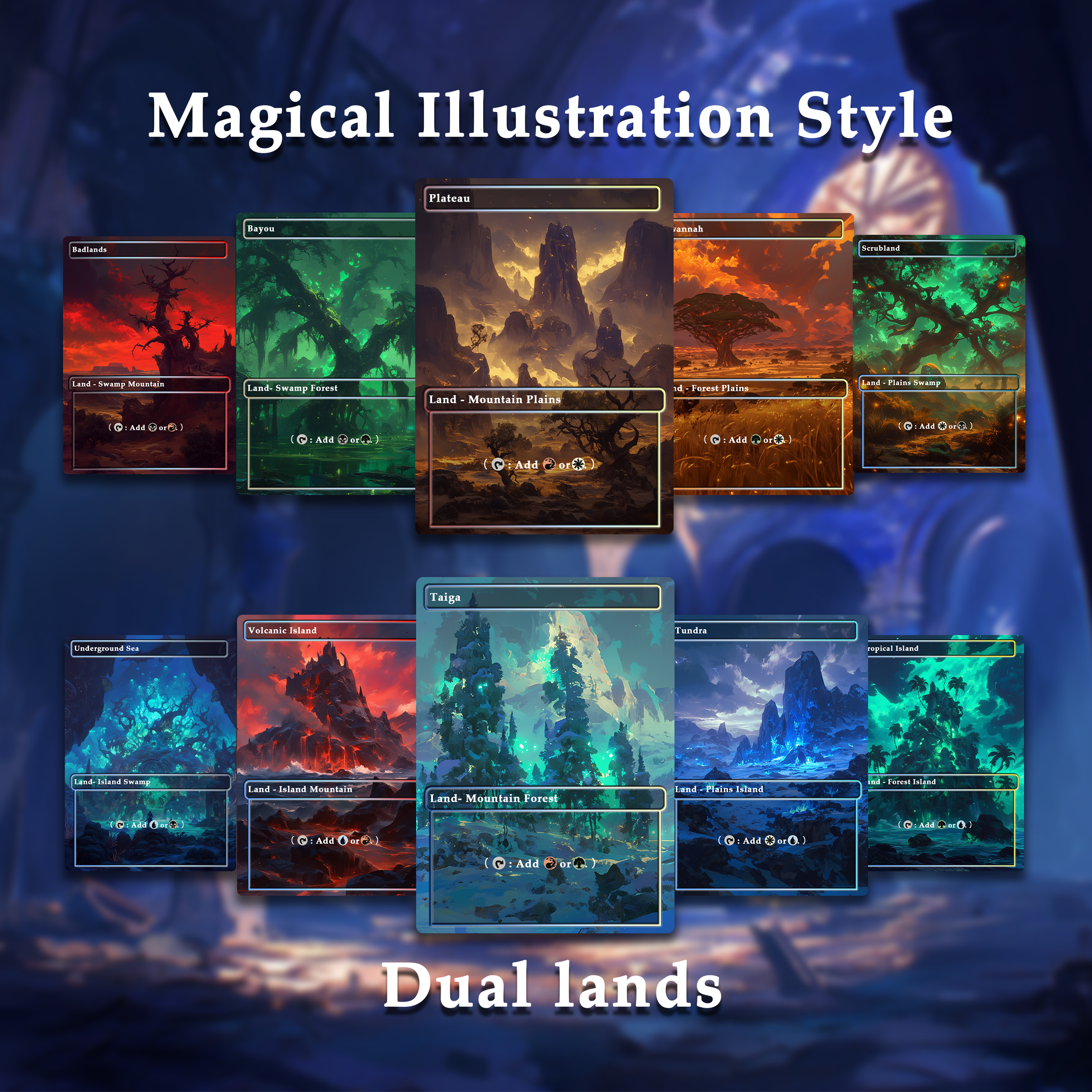Mega EDH land pack Magical Illustration Style dual lands set of 50 unique borderless custom proxy lands High quality lands for EDH or cEDH