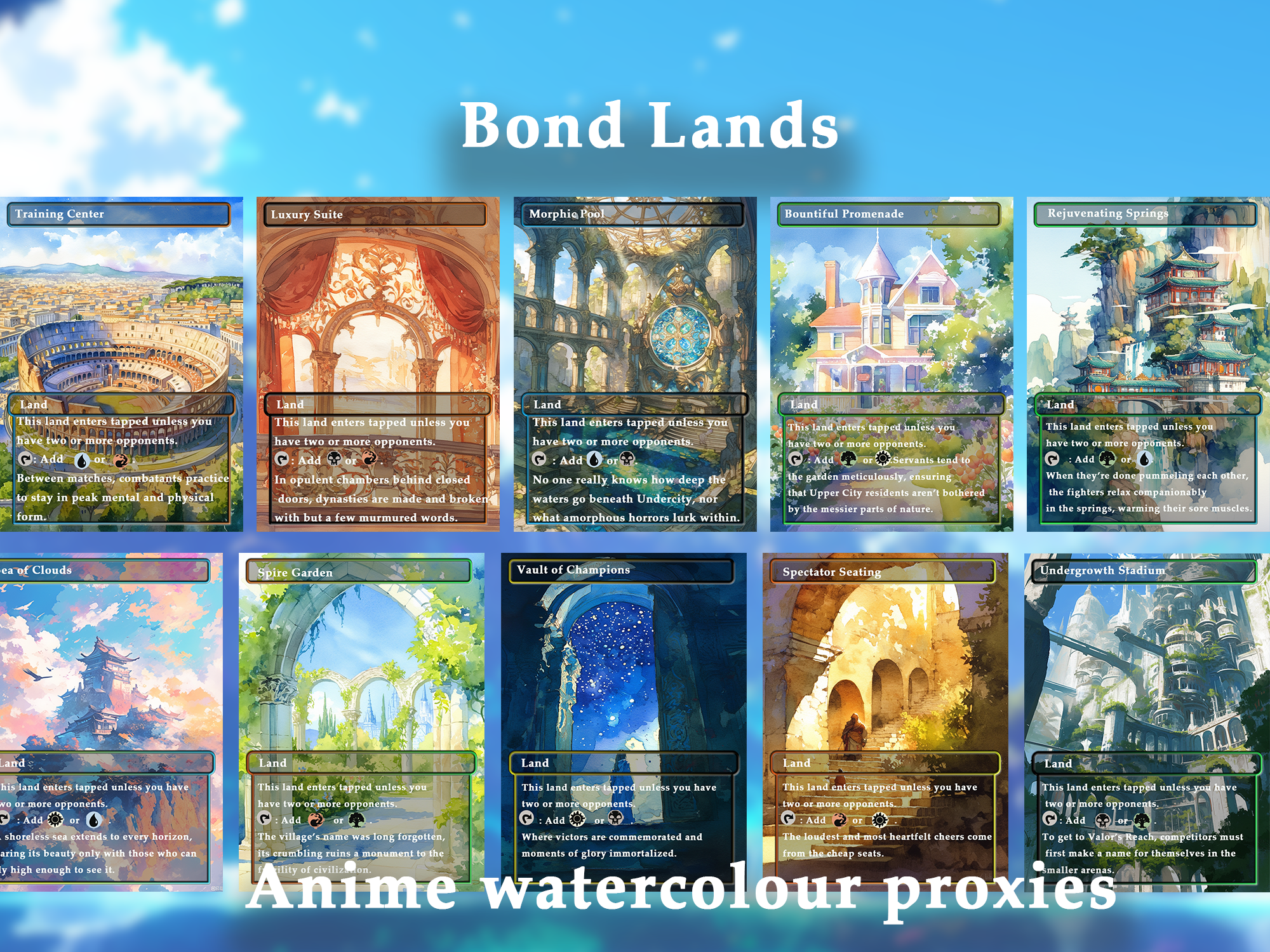 Mega EDH land pack (50+ cards) Anime watercolour lands set of 50 unique borderless custom MTG proxy lands High quality lands for EDH or cEDH