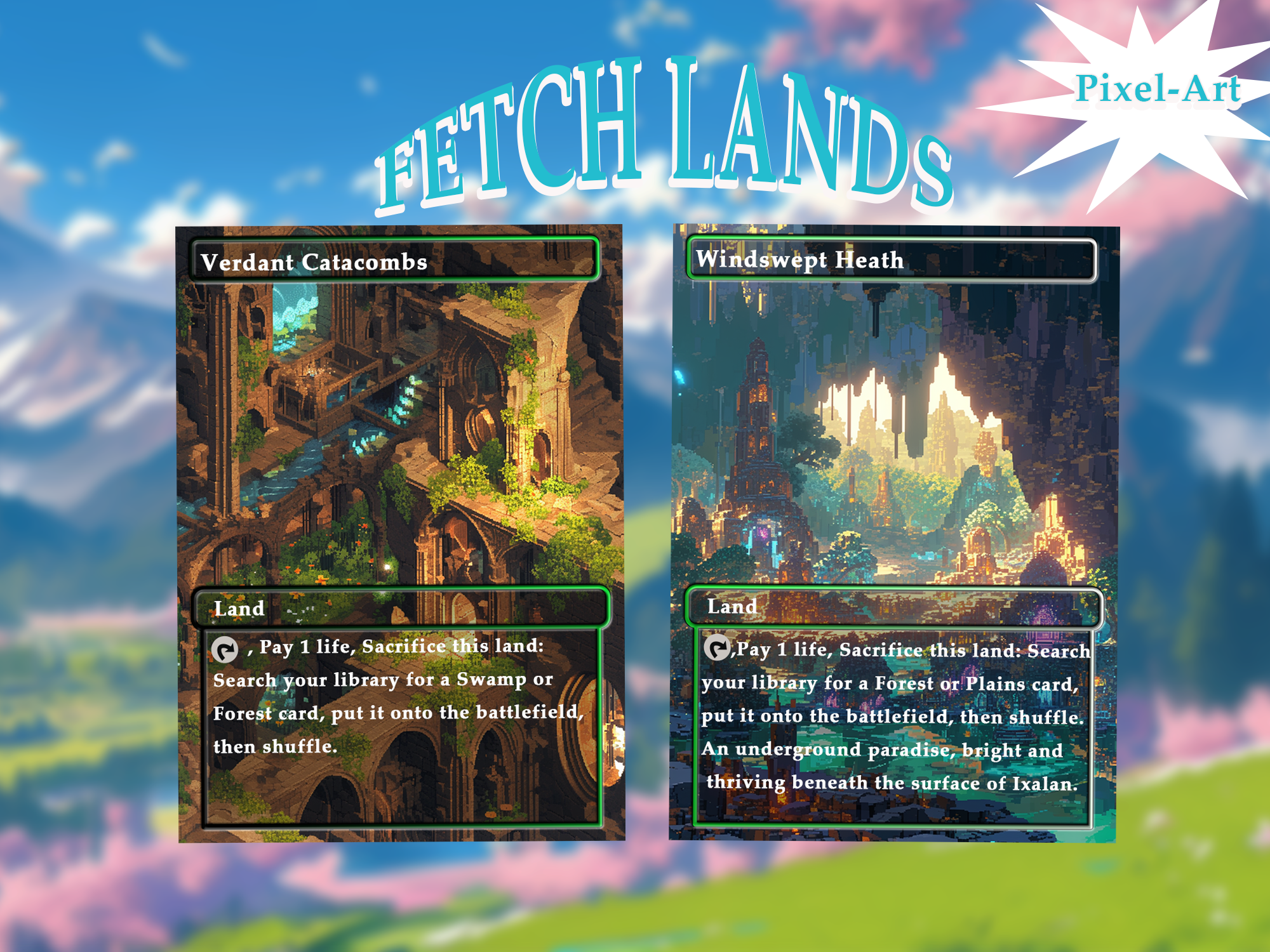 Fetch Lands pack (10+ cards) Pixel-Art lands set of 10+ unique borderless custom proxy lands High quality lands for EDH or cEDH