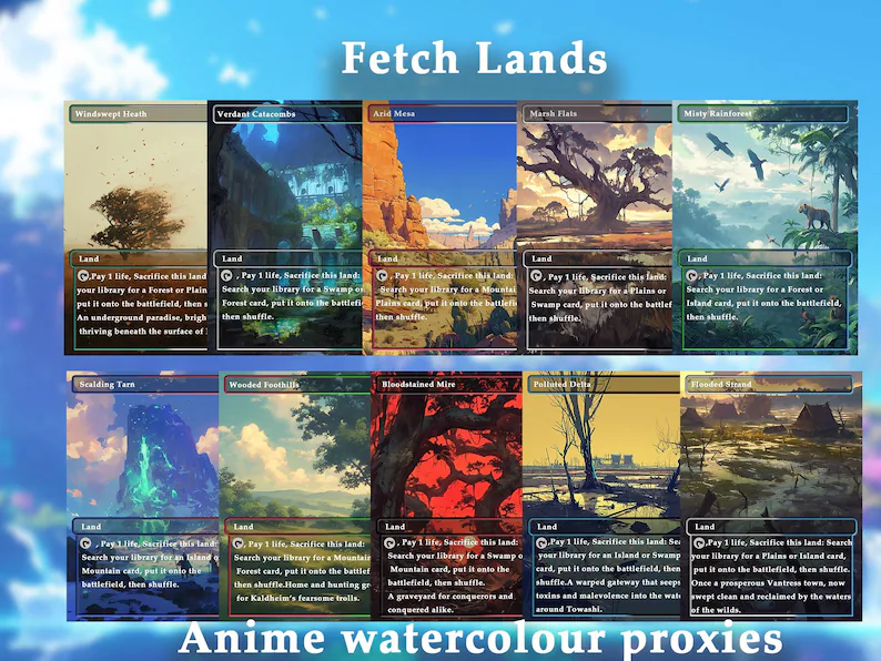Mega EDH land pack (50+ cards) Anime watercolour lands set of 50 unique borderless custom MTG proxy lands High quality lands for EDH or cEDH