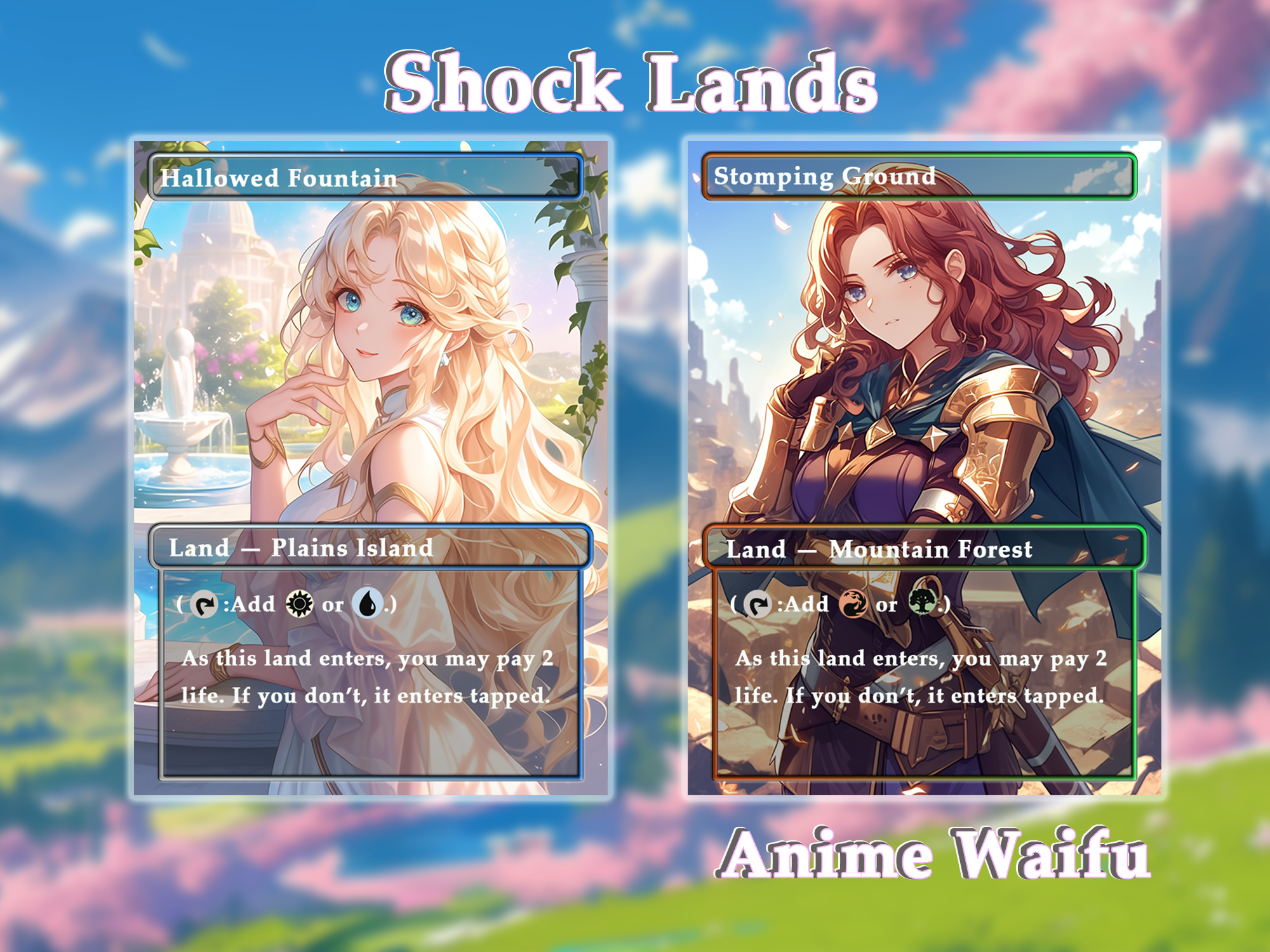 10 Shock Lands Anime Style, Proxy Lands Custom Magic Cards for Commander EDH/cEDH, Anime Waifu Proxy Cards