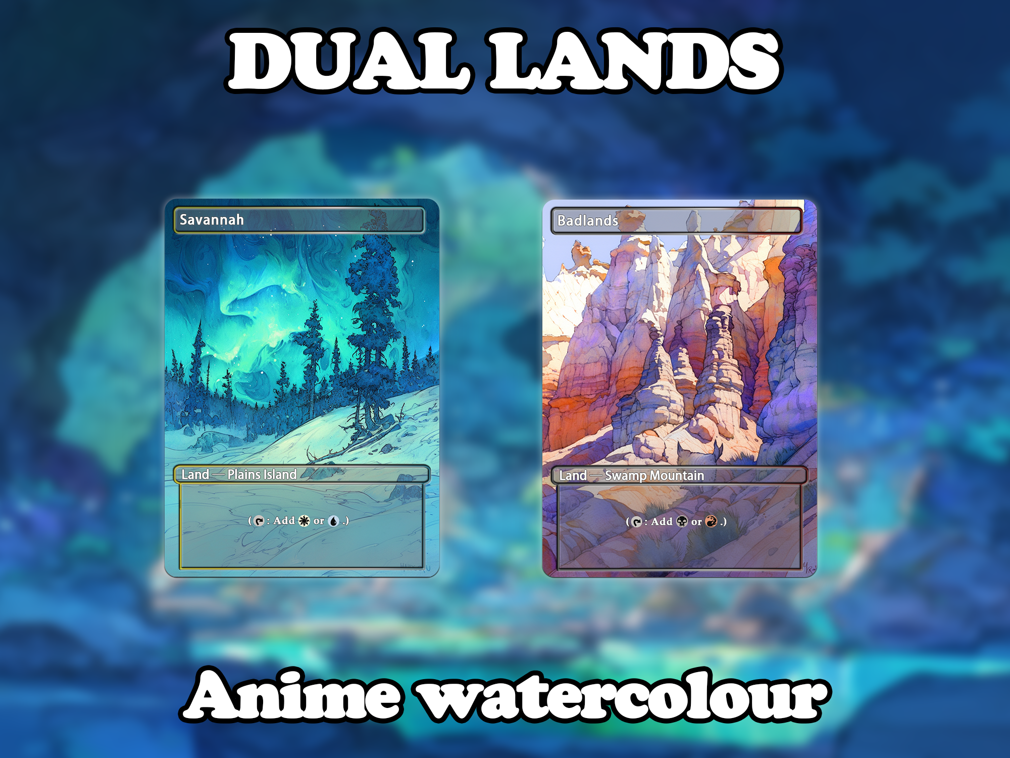 Dual land pack (10 cards) Anime watercolour lands set of 10 unique borderless custom proxy lands High quality lands for EDH or cEDH