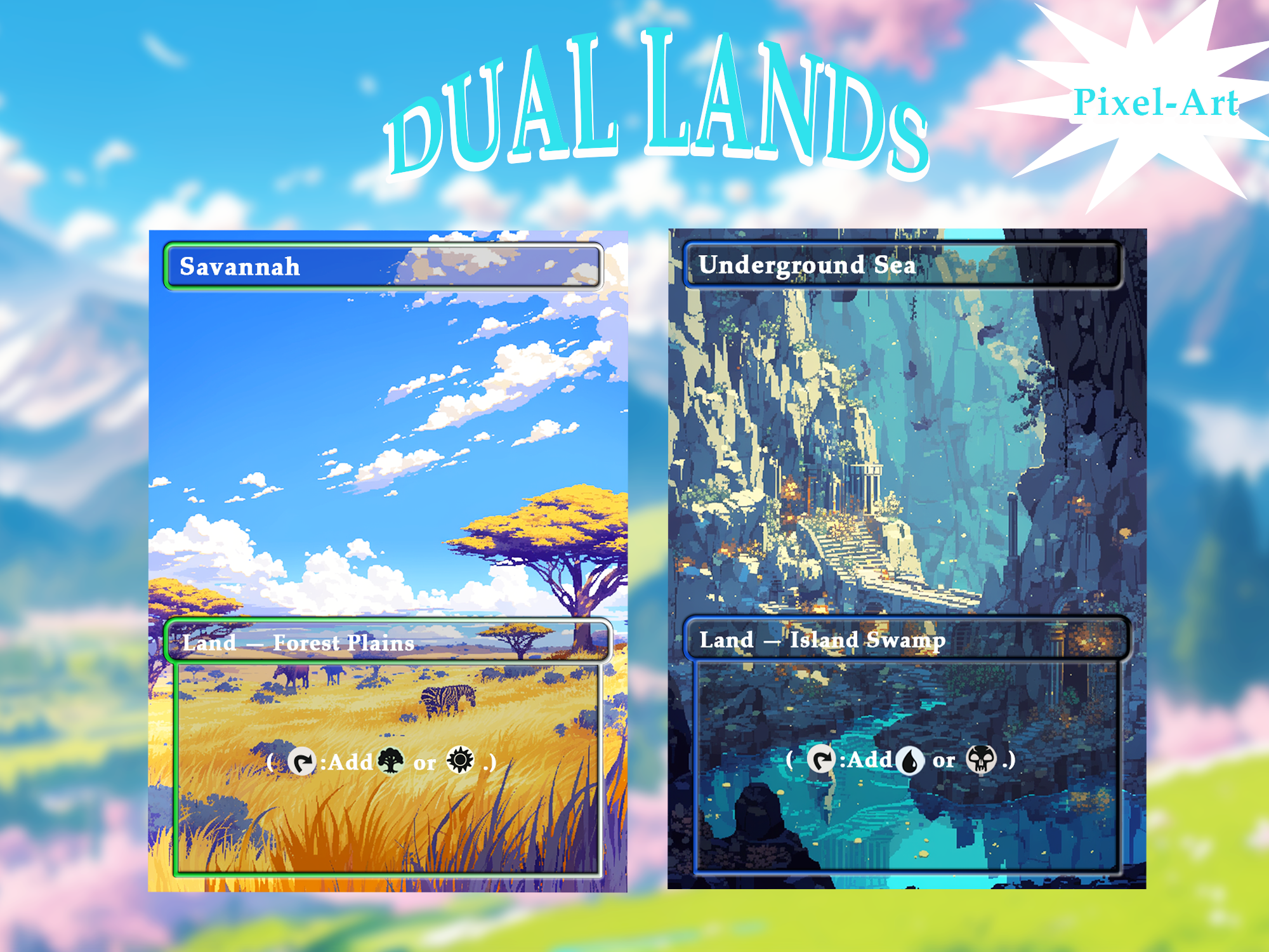 Dual land pack (10+ cards) Pixel-Art lands set of 10+ unique borderless custom proxy lands High quality lands for EDH or cEDH