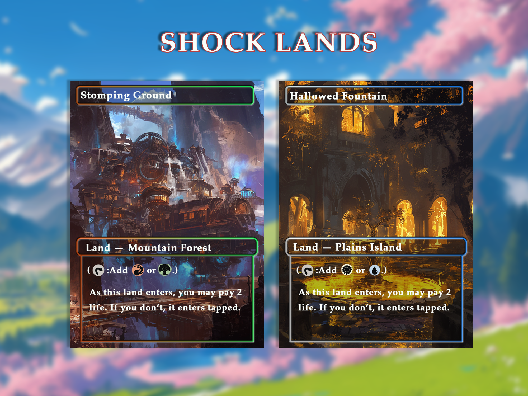 Shock land pack (10+ cards) Anime watercolour lands set of 10+ unique borderless custom proxy lands High quality lands for EDH or cEDH