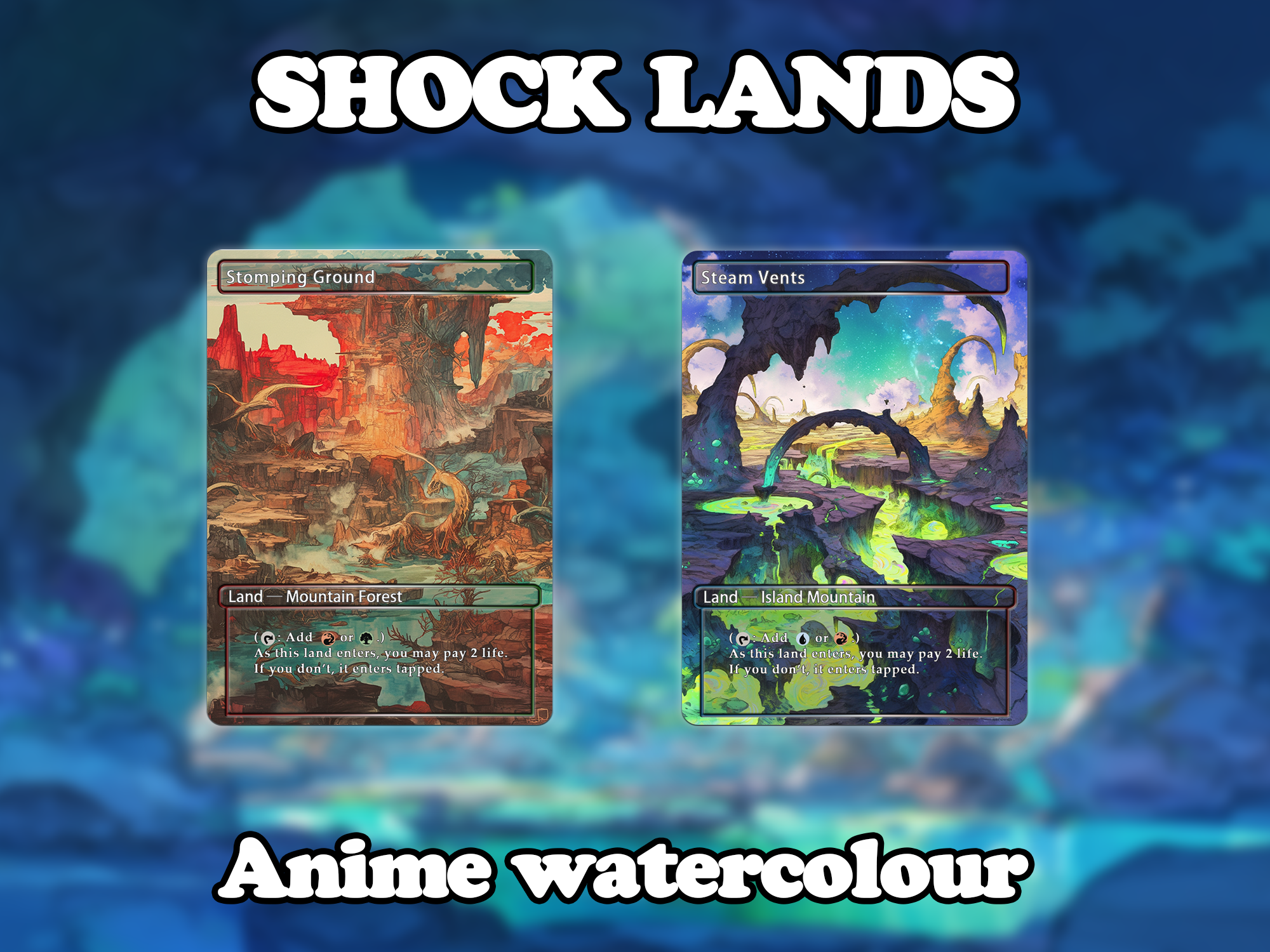 Shock land pack (10 cards) Anime watercolour lands set of 10 unique borderless custom proxy lands High quality lands for EDH or cEDH