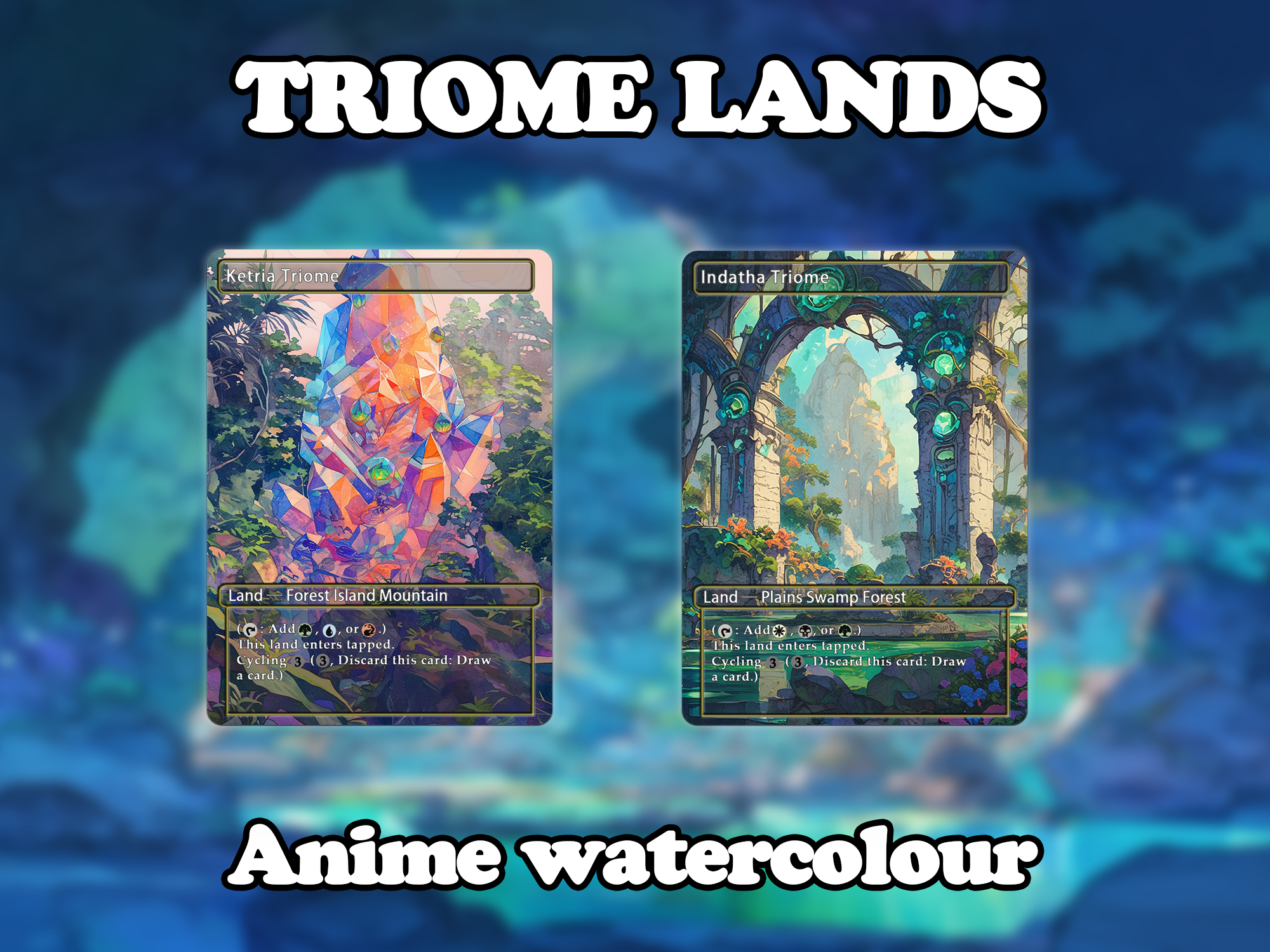 Triome land pack (10 cards) Anime watercolour lands set of 10 unique borderless custom proxy lands High quality lands for EDH or cEDH