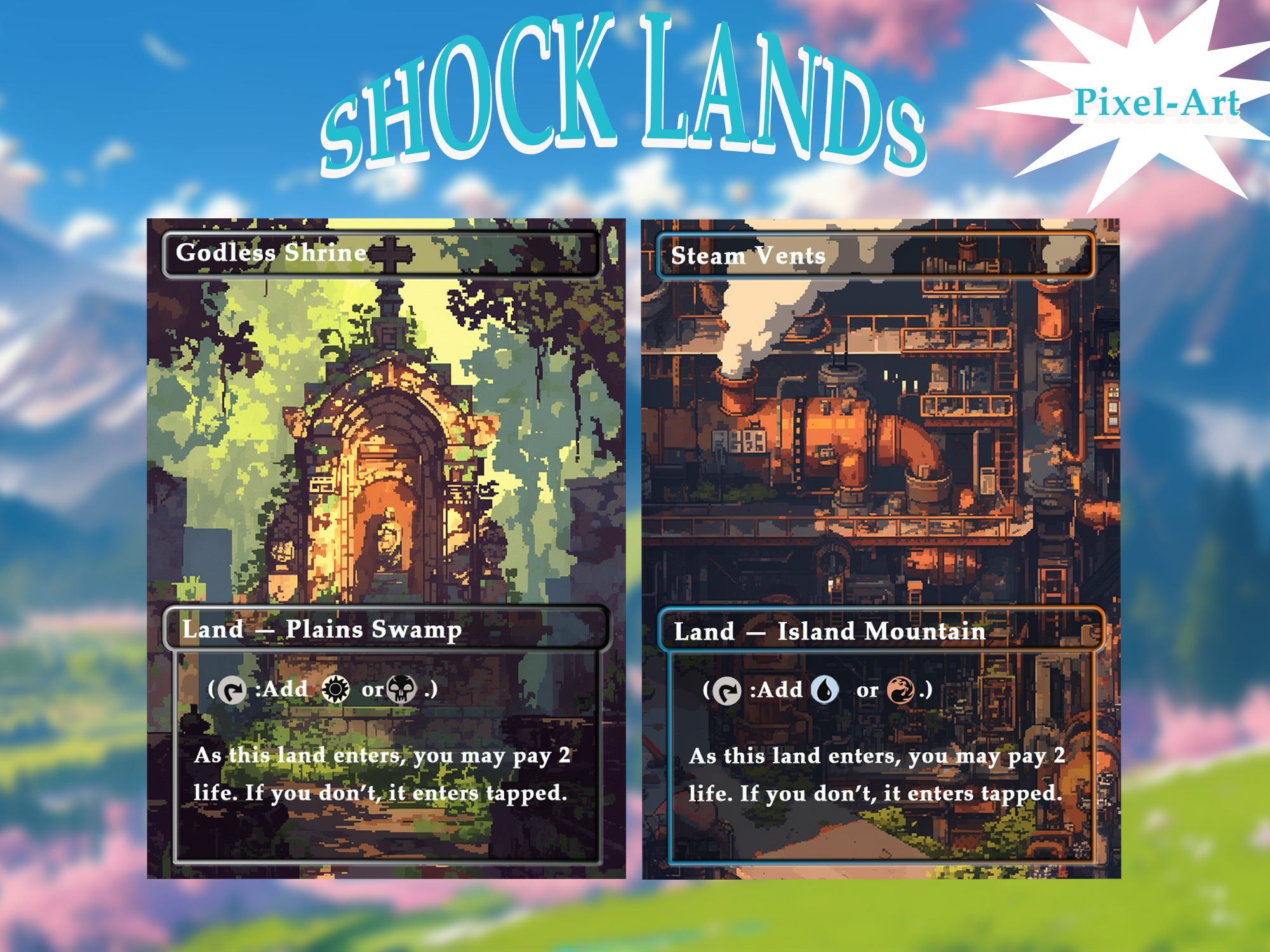 Shock land pack (10+ cards) Pixel-Art lands set of 10+ unique borderless custom proxy lands High quality lands for EDH or cEDH