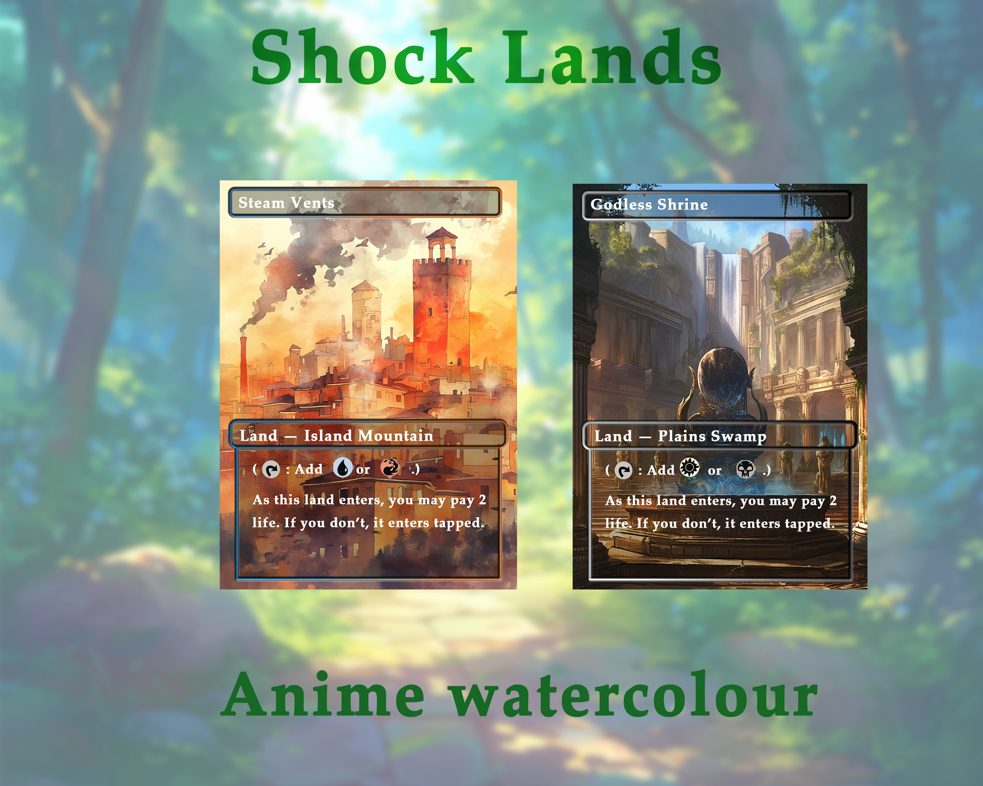 Shock land pack (10+ cards) Anime watercolour lands set of 10+ unique borderless custom MTG proxy lands High quality lands for EDH or cEDH