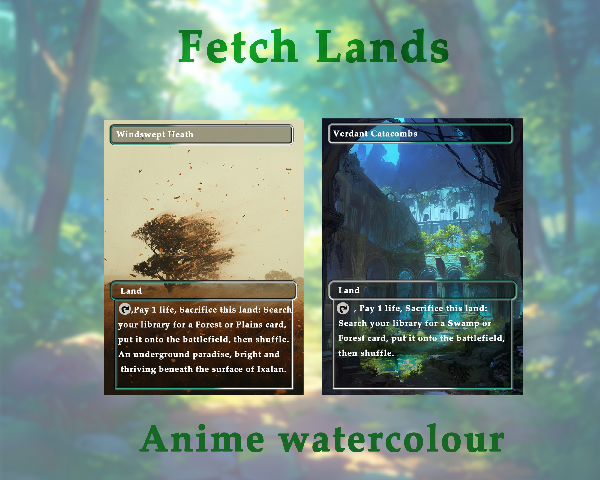 Fetch Lands pack (10+ cards) Anime watercolour lands set of 10+ unique borderless custom MTG proxy lands High quality lands for EDH or cEDH