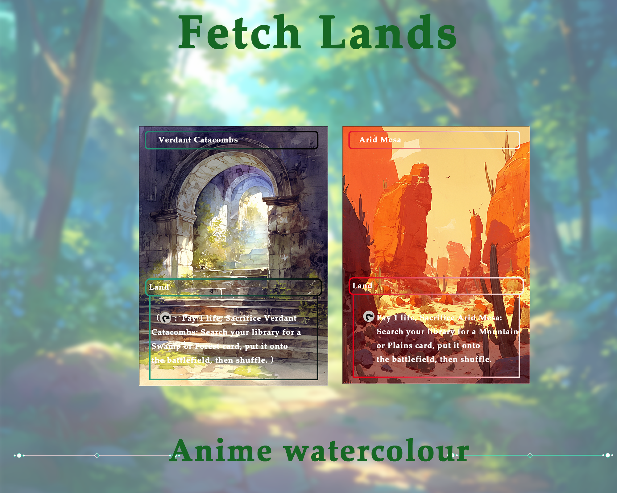 Fetch Lands pack (10+ cards) Anime watercolour lands set of 10+ unique borderless custom MTG proxy lands High quality lands for EDH or cEDH