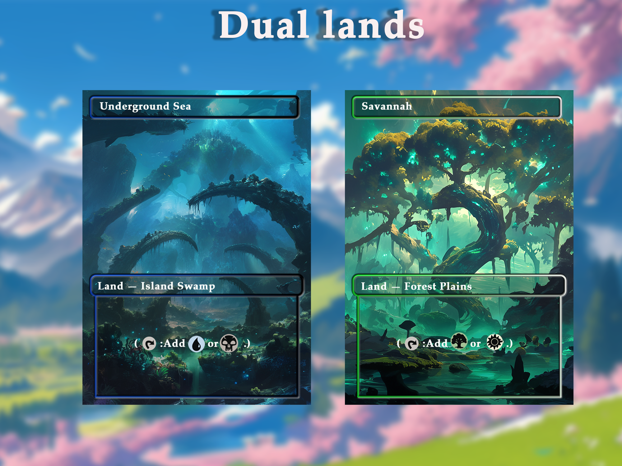 Dual land pack (10+ cards) Anime watercolour lands set of 10+ unique borderless custom proxy lands High quality lands for EDH or cEDH