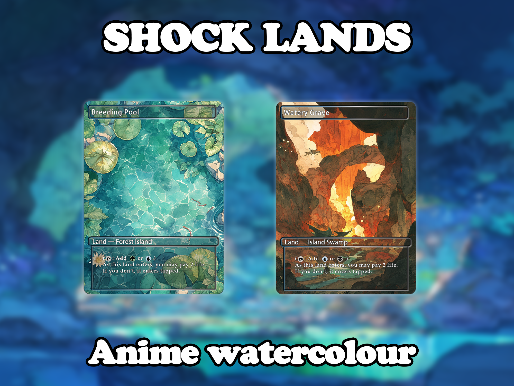 Shock land pack (10 cards) Anime watercolour lands set of 10 unique borderless custom proxy lands High quality lands for EDH or cEDH