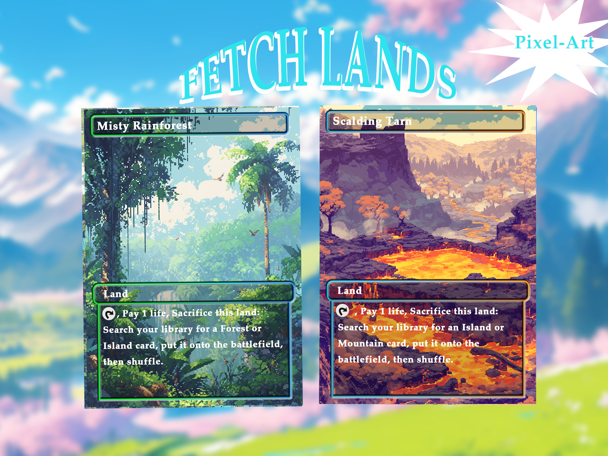 Fetch Lands pack (10+ cards) Pixel-Art lands set of 10+ unique borderless custom proxy lands High quality lands for EDH or cEDH