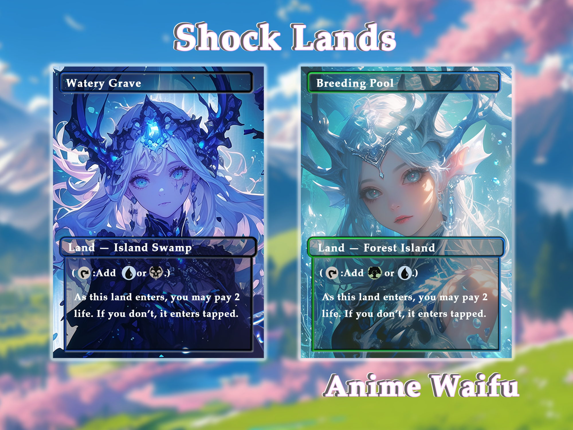 10 Shock Lands Anime Style, Proxy Lands Custom Magic Cards for Commander EDH/cEDH, Anime Waifu Proxy Cards