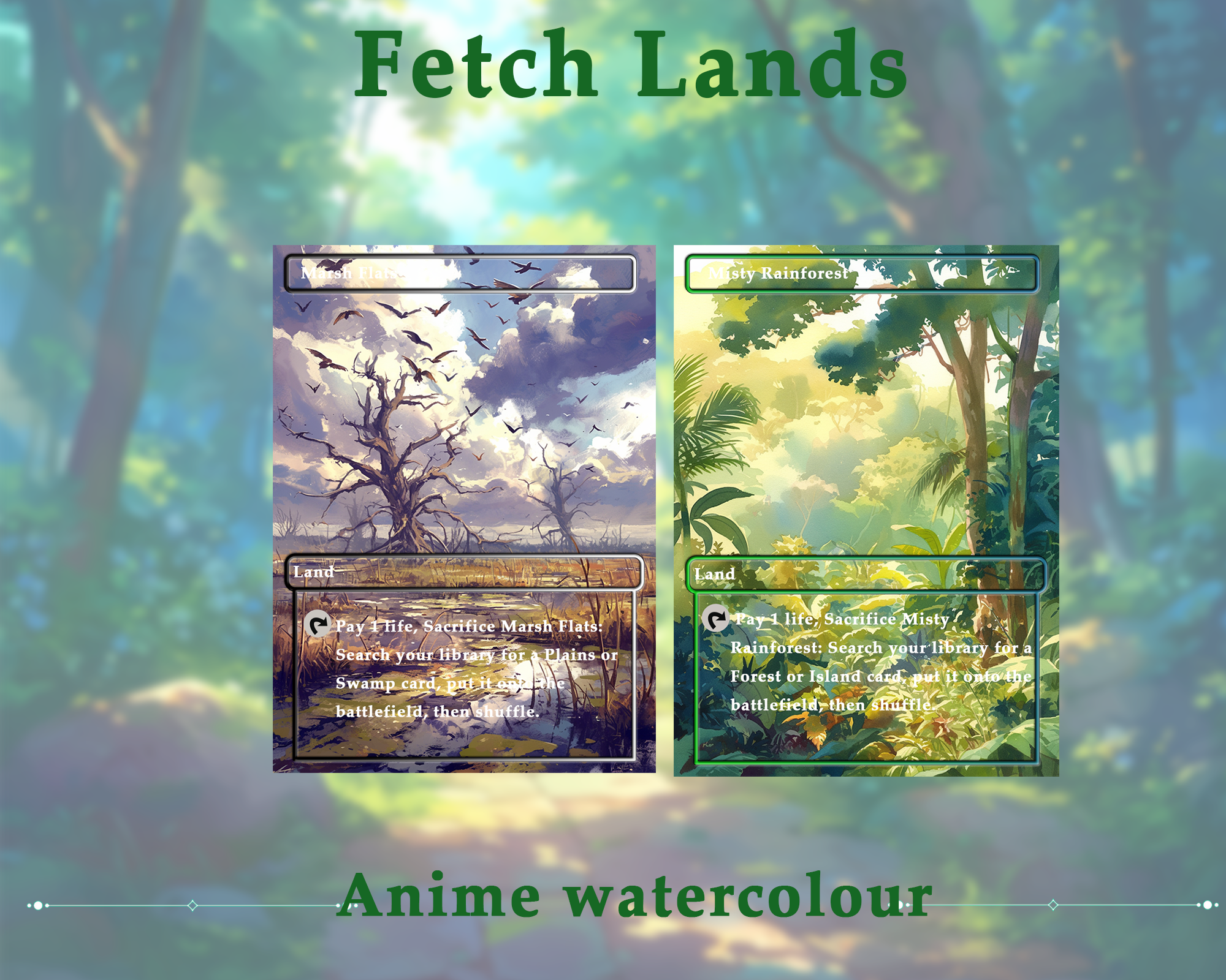 Fetch Lands pack (10+ cards) Anime watercolour lands set of 10+ unique borderless custom MTG proxy lands High quality lands for EDH or cEDH