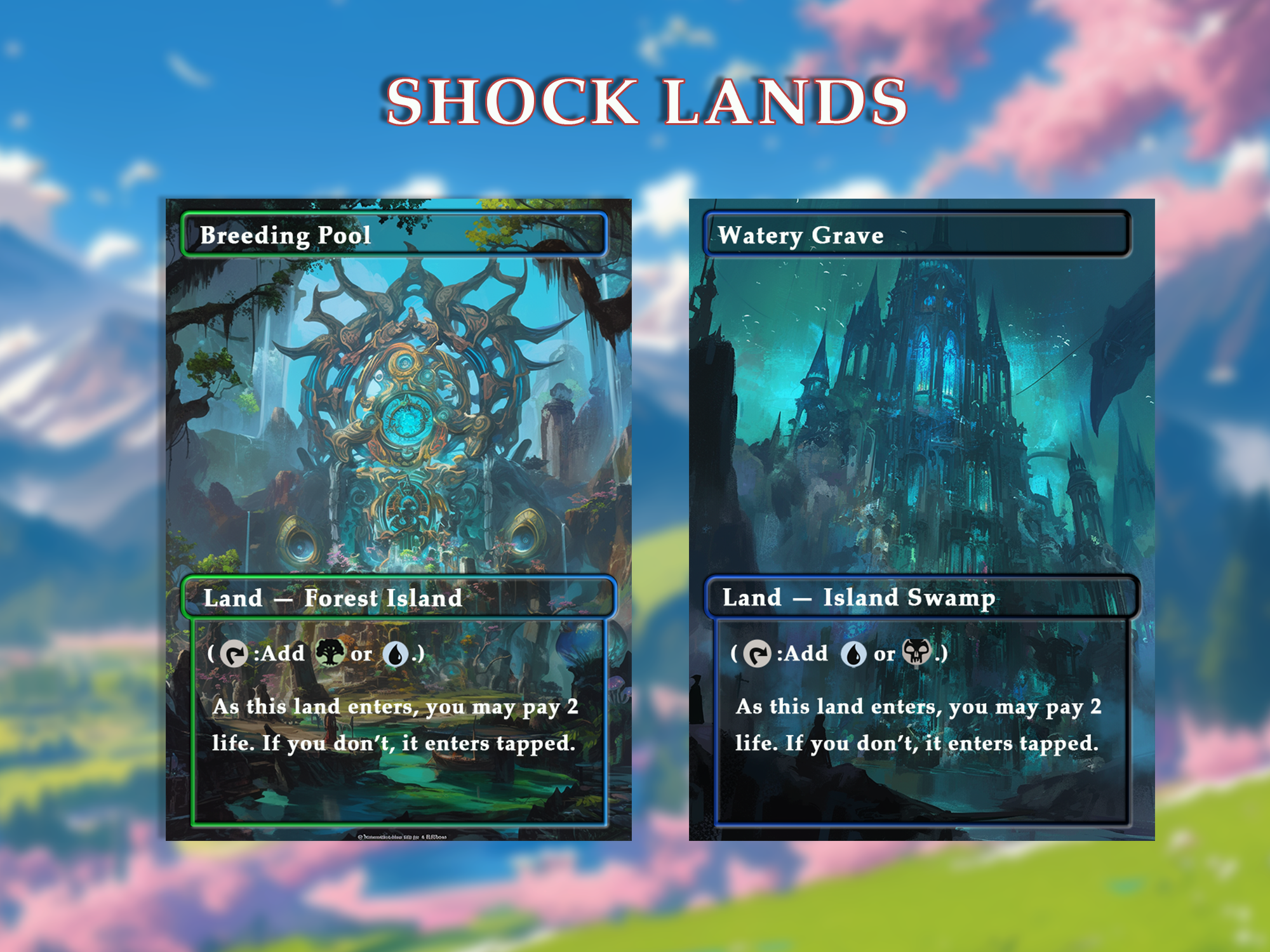 Shock land pack (10+ cards) Anime watercolour lands set of 10+ unique borderless custom proxy lands High quality lands for EDH or cEDH