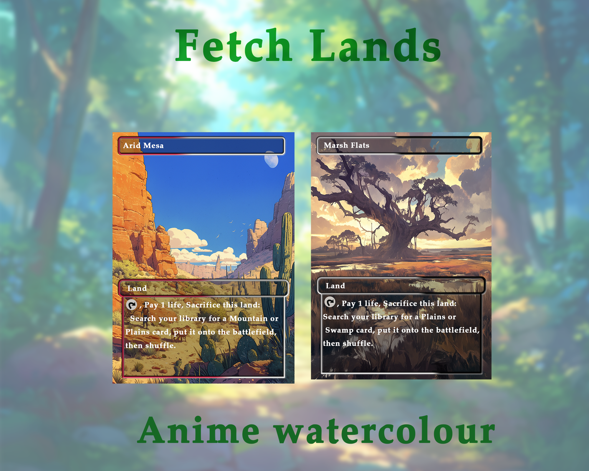 Fetch Lands pack (10+ cards) Anime watercolour lands set of 10+ unique borderless custom MTG proxy lands High quality lands for EDH or cEDH