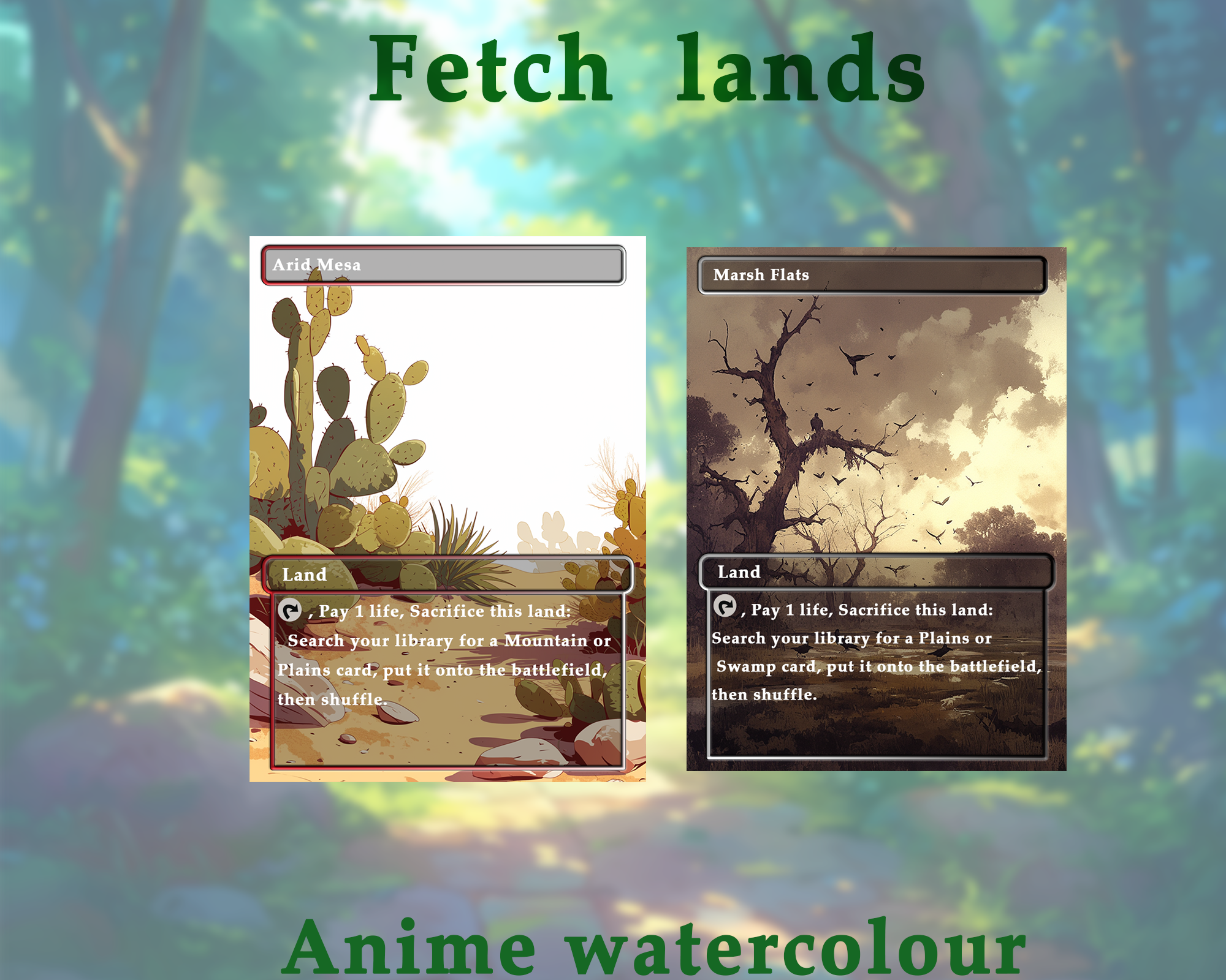 Fetch Lands pack (10+ cards) Anime watercolour lands set of 10+ unique borderless custom MTG proxy lands High quality lands for EDH or cEDH