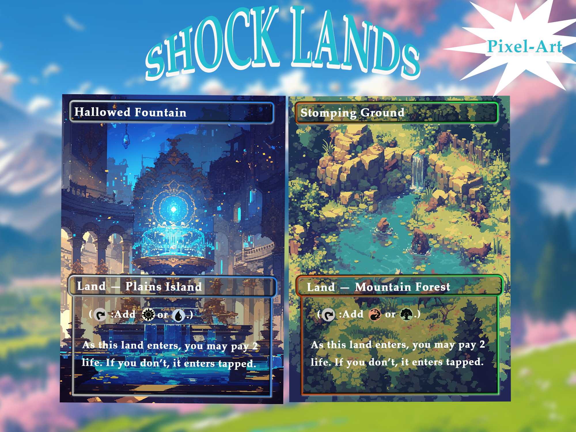 Shock land pack (10+ cards) Pixel-Art lands set of 10+ unique borderless custom proxy lands High quality lands for EDH or cEDH
