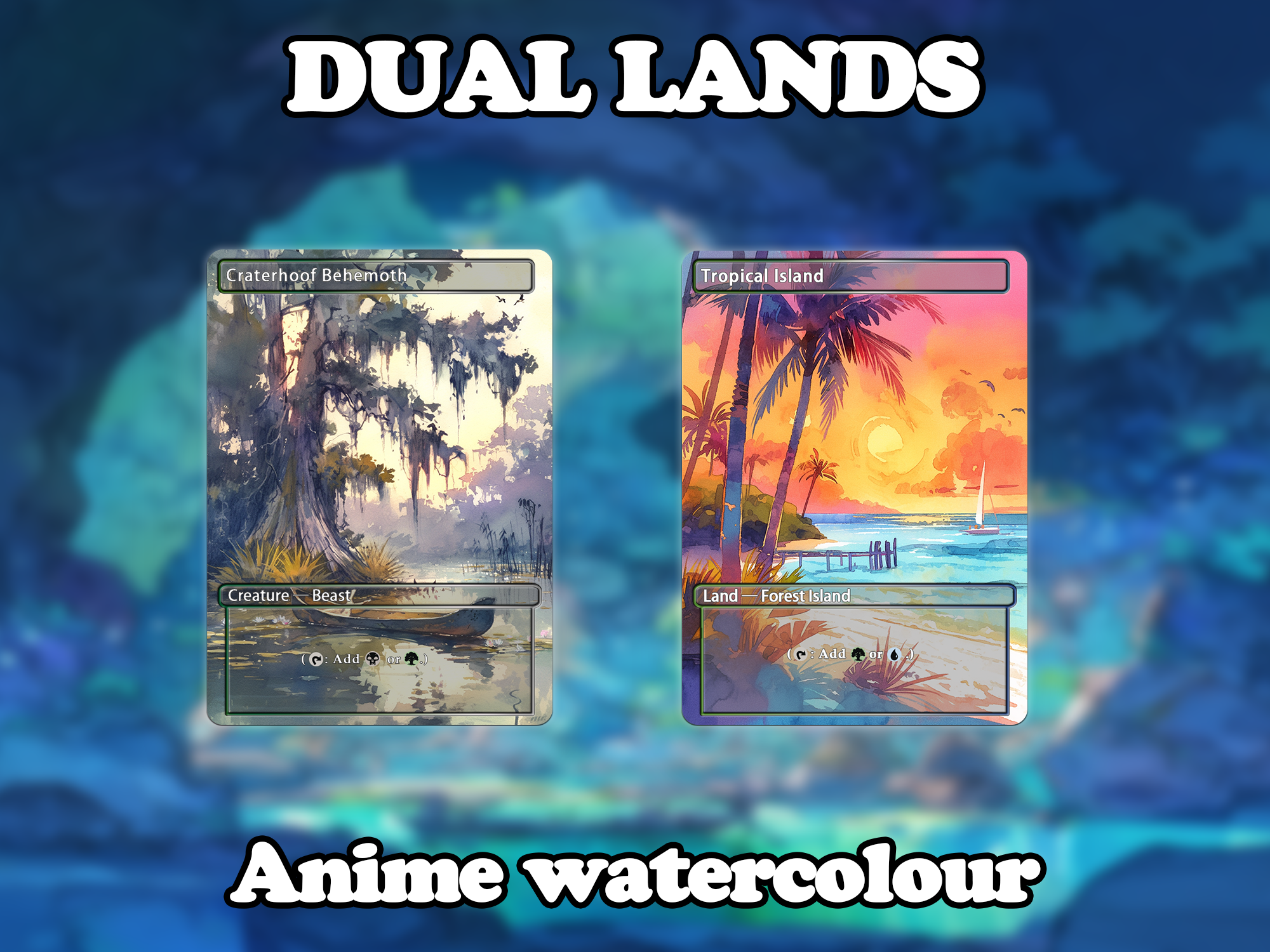 Dual land pack (10 cards) Anime watercolour lands set of 10 unique borderless custom proxy lands High quality lands for EDH or cEDH