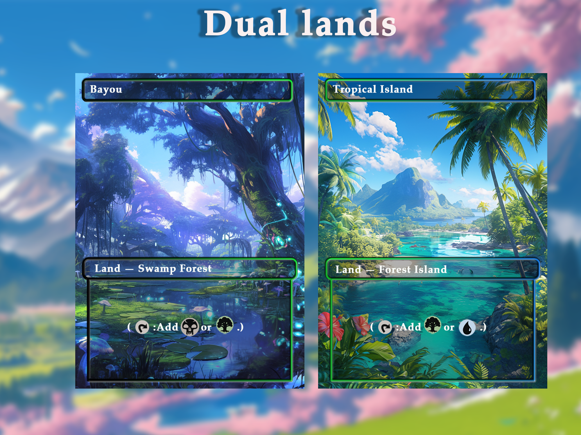 Dual land pack (10+ cards) Anime watercolour lands set of 10+ unique borderless custom proxy lands High quality lands for EDH or cEDH