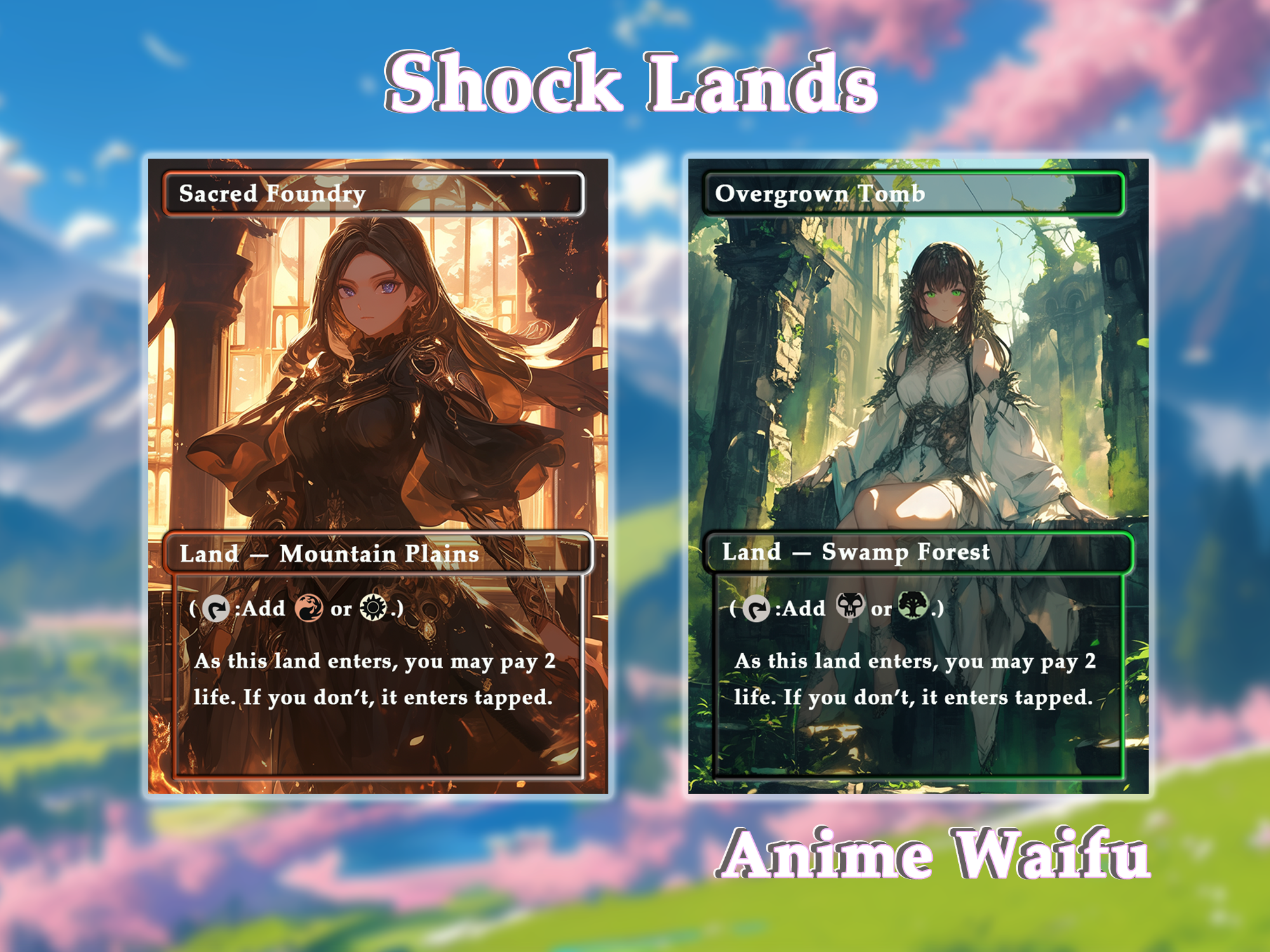 10 Shock Lands Anime Style, Proxy Lands Custom Magic Cards for Commander EDH/cEDH, Anime Waifu Proxy Cards